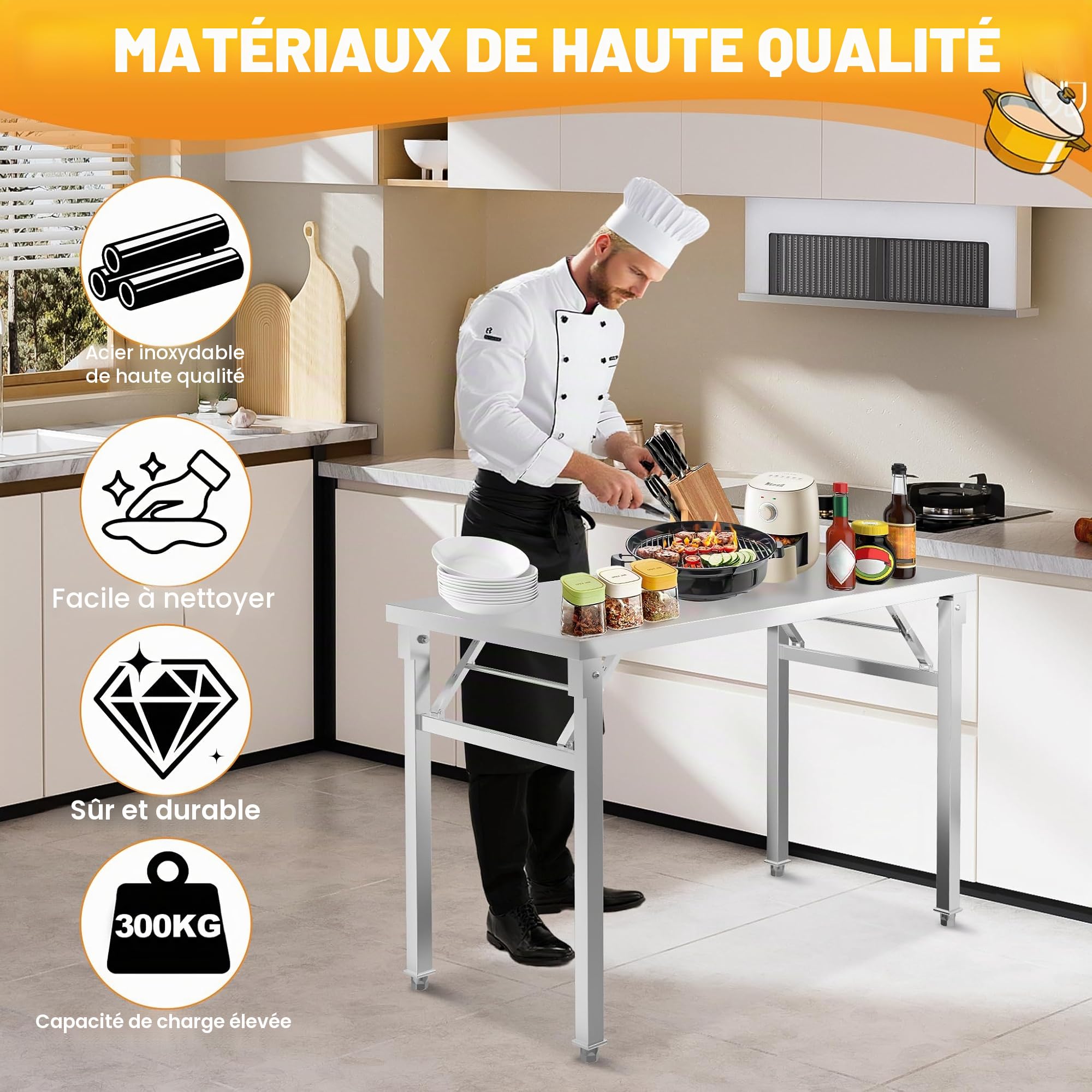 UISEBRT Table pliante en acier inoxydable avec capacité de charge de 300 kg et pieds réglables - Table de travail pliable pour restauration, cuisine, bar, restaurant, 120 x 60 x 85 cm