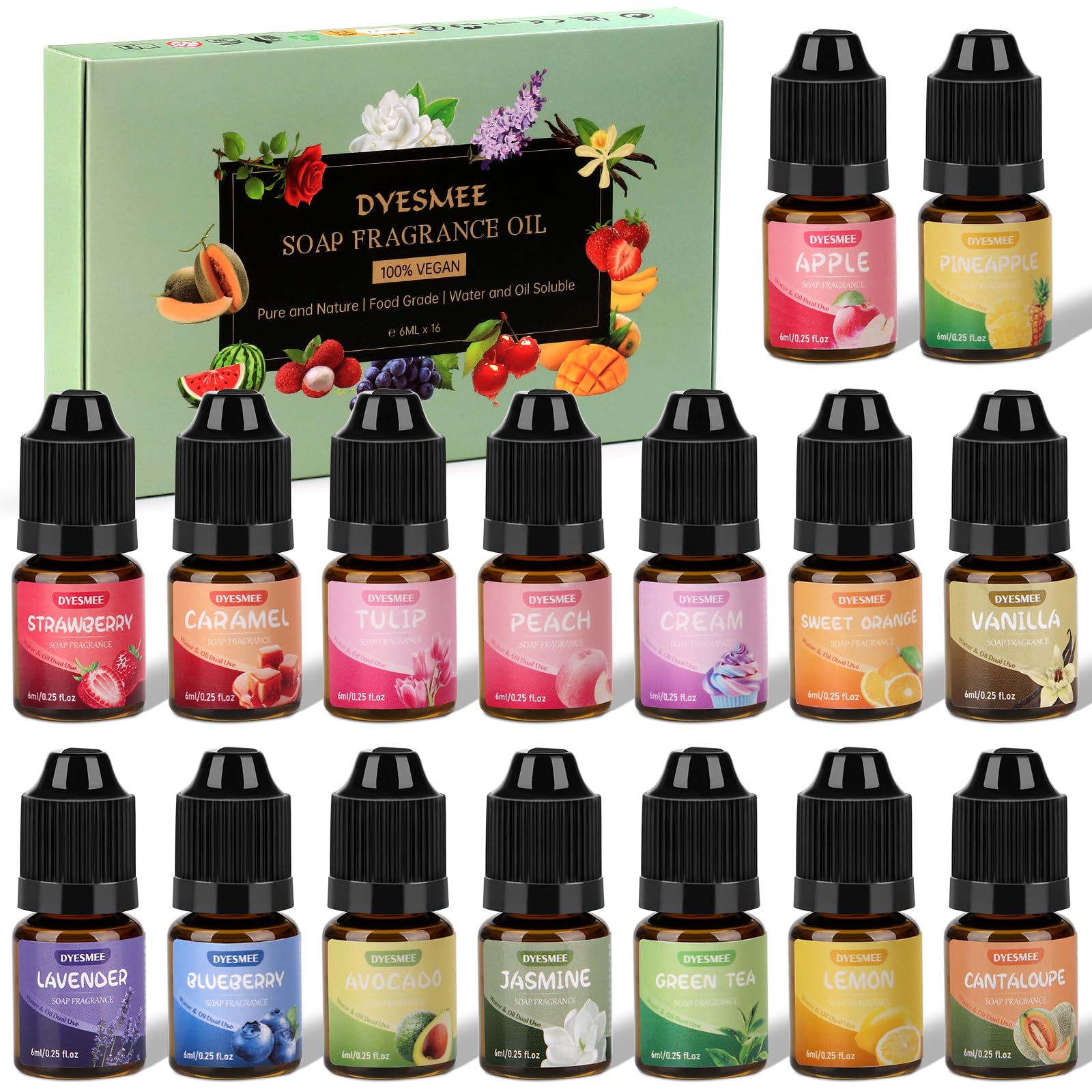 Aceite Aromático para Jabón, 16 x 6 ml de Aceite Aromático para Hacer Jabón, Juego de Aceites Aromáticos Líquidos para Bombas de Baño Caseras, Slime, Velas, Lociones, Cosméticos y Aromas para el Hogar
