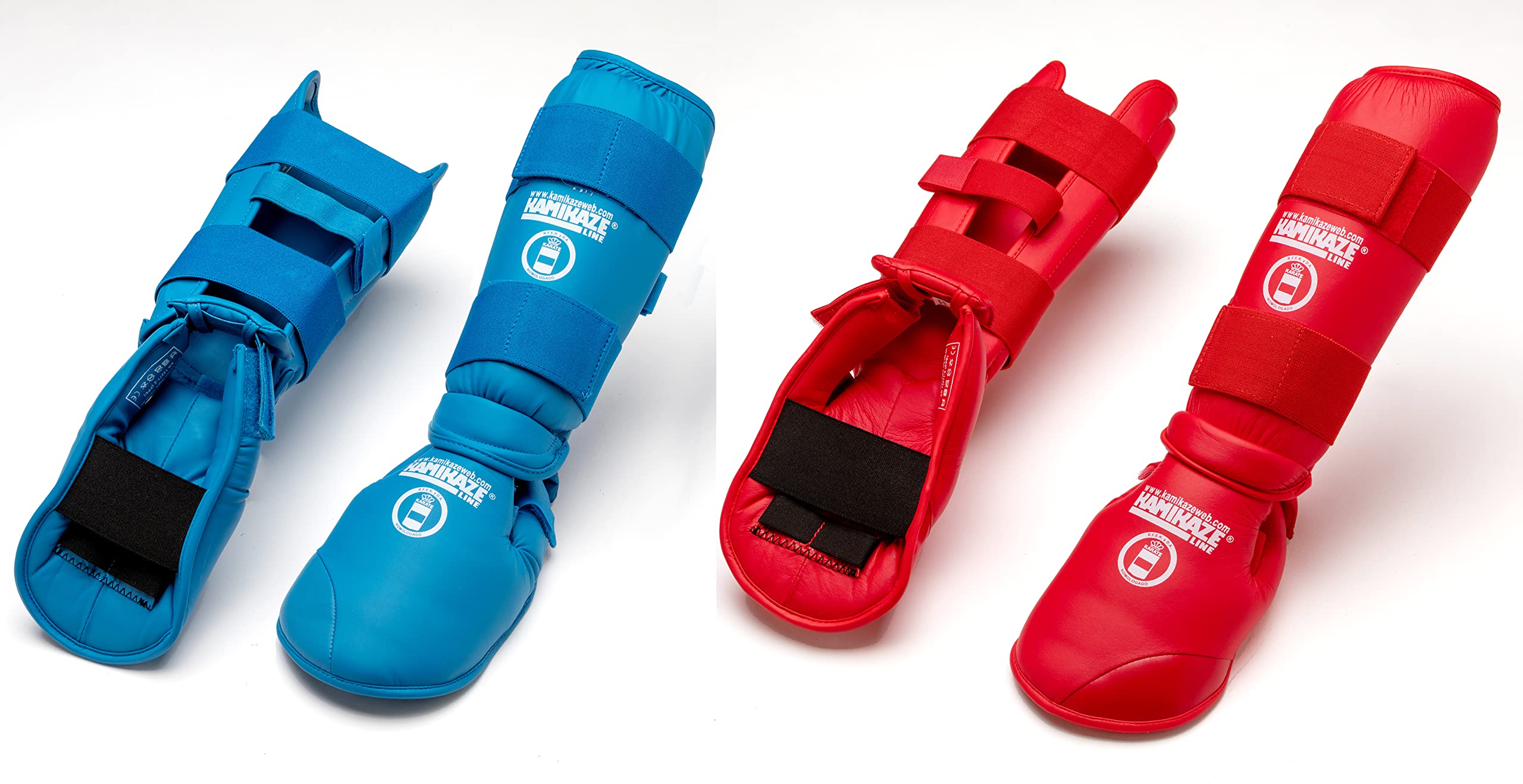 Espinilleras y Protectores de pie KAMIKAZE para Karate, homologadas RFEK Real Federación Española de Karate (Azul, S)