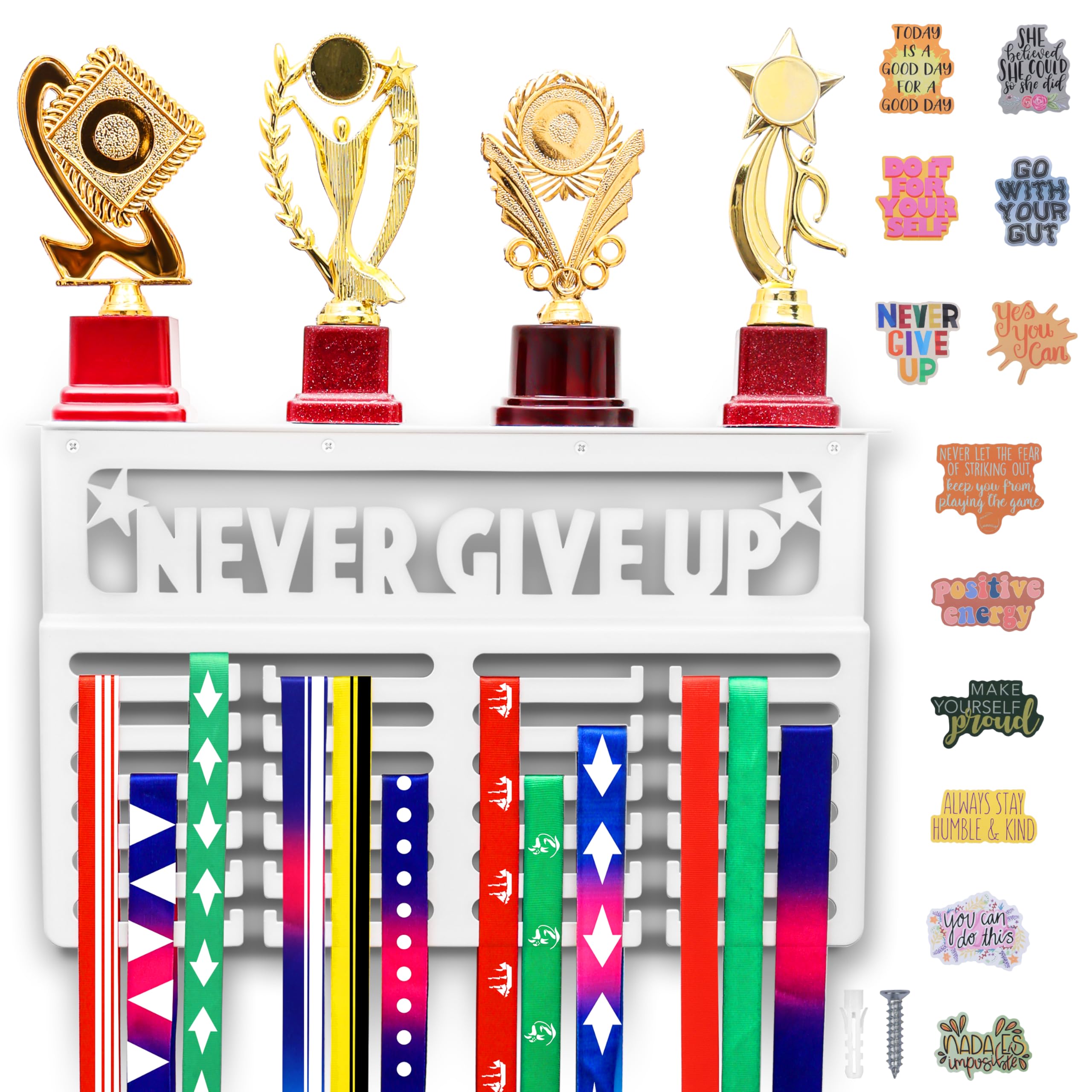 Belle Vous White Medal Hanger With Trophy Shelf - Wall-Mounted Medal Holder Display Rack - Never Give Up Shelf For Sport/Race Medals, Awards & Ribbons