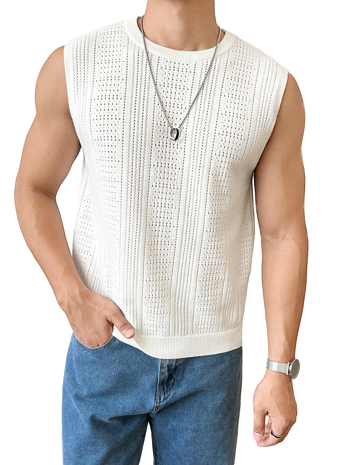 Verdusa Men's Sleeveless Round Neck Knit Tank Top Casual Sweater Vest