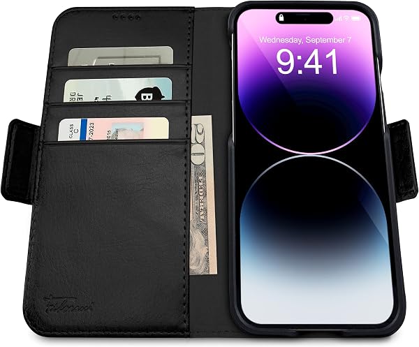 dreem 3-in-1 Wallet Case for iPhone 14/16e/17e | Built-In Kick-Stand, Magnetic Detachable Vegan Leather Flip Cover with RFID Blocking Card Holder, MagSafe Compatible, Gift Box [Fibonacci: Black] - 2