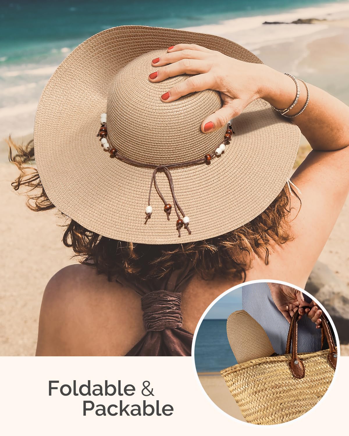 Creekstone Strohhut für Damen, Sonnenhut Breite Krempe, UPF 50+ UV Sonnenschutz, Faltbar Floppy Sommer-Strandhüte mit Windband