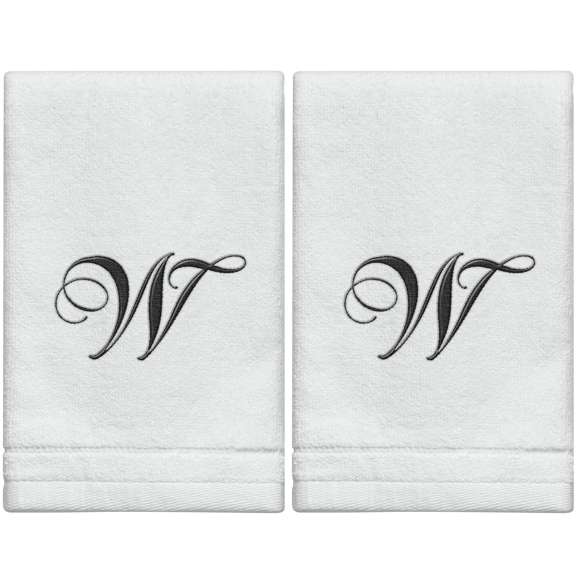 monogrammed towels fingertip, personalized gift, 11 x 18 inches - set of 2- black embroidered towel - extra absorbent 100% cotton- soft velour finish - for bathroom/ kitchen/ spa- initial w (white)