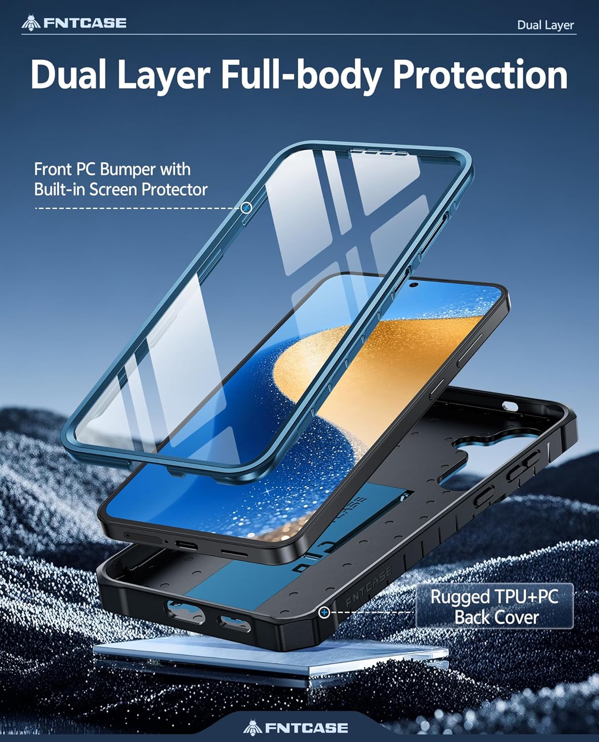 FNTCASE for Samsung Galaxy S25-FE Case: with [Built-in Screen Protector & Kickstand] [Military-Grade Drop Protection] Heavy Duty Protective Full Body Shockproof Rugged Sturdy TPU Phone Cover Blue