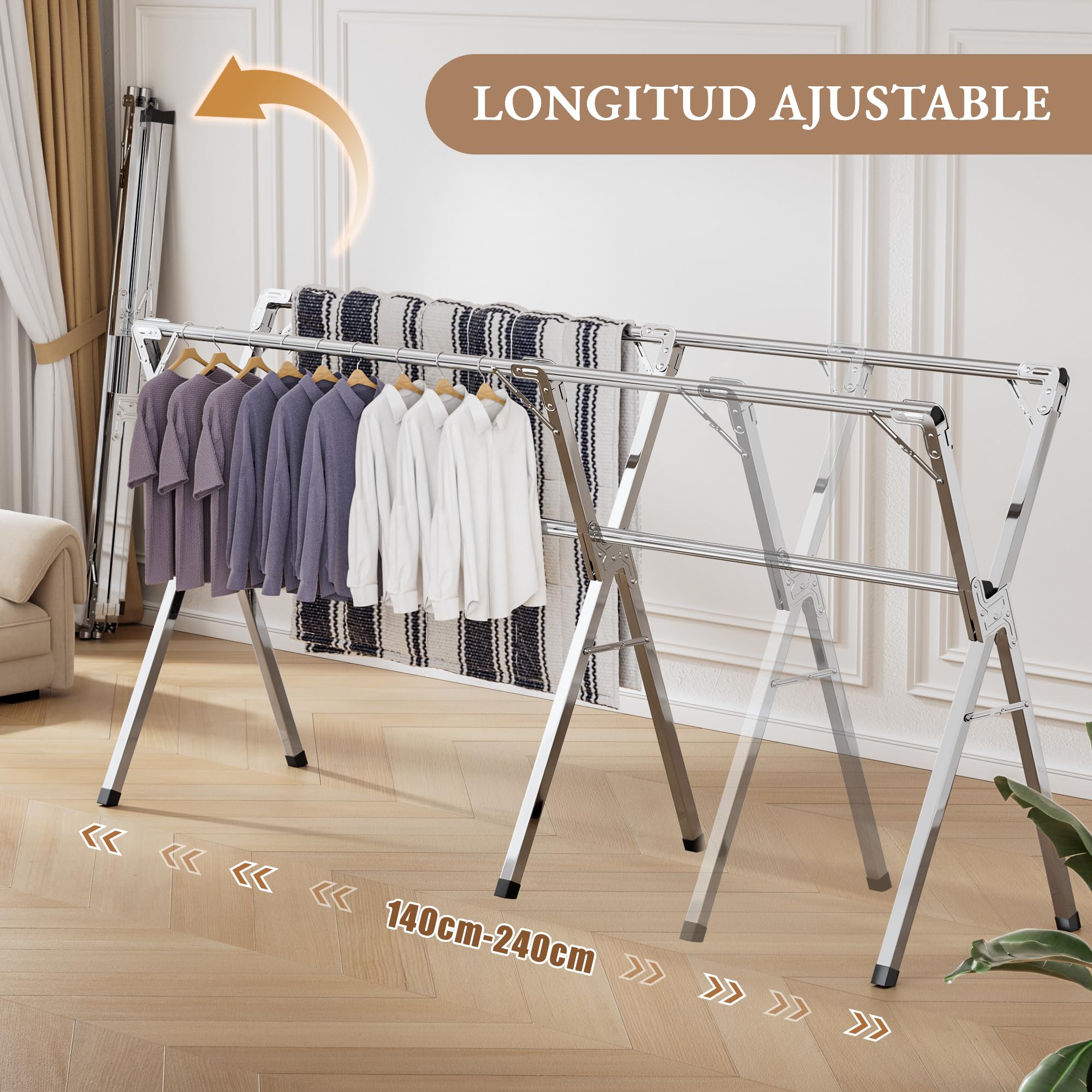 Tendedero Plegable de Acero Inoxidable 140-240 cm, Interior y Exterior