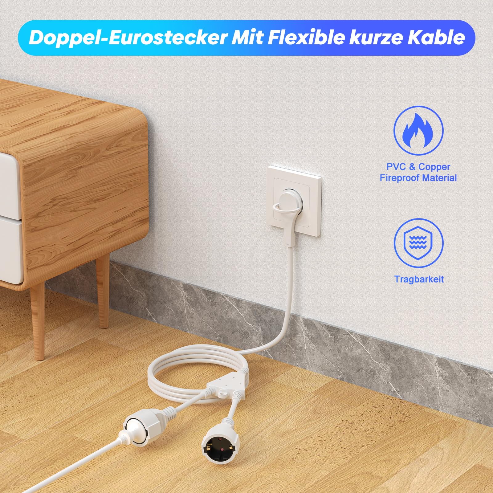 HITRENDS 7M Stromkabel Verlängerung Netzkabel, 2-Fach Schutzkontakt Verlängerungskabel Außen, Mit Flachstecker Steckdosen AC Schuko, IP44 für Zuhause, Büro, bis 250V/16A, Weiß
