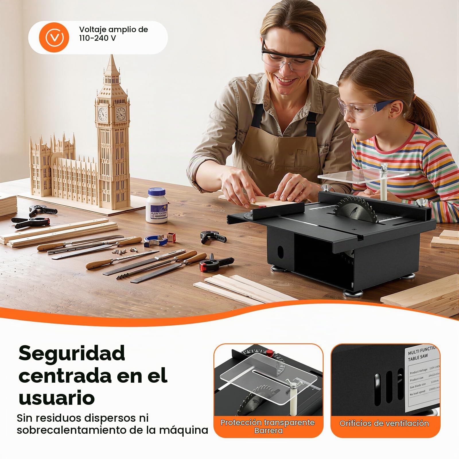 Mini sierra circular de mesa 10.000 rpm multifuncional para carpintería 200 W, 7 velocidades de rotación ajustable, diámetro de la hoja de sierra de 110 mm, con cepillo, placa de impacto, para corte
