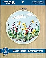 Leisure Arts Green Fields Embroidery Kit for Beginners - Complete Cross Stitch Set with 8" Hoop, Pre-Printed Organza & Instructions