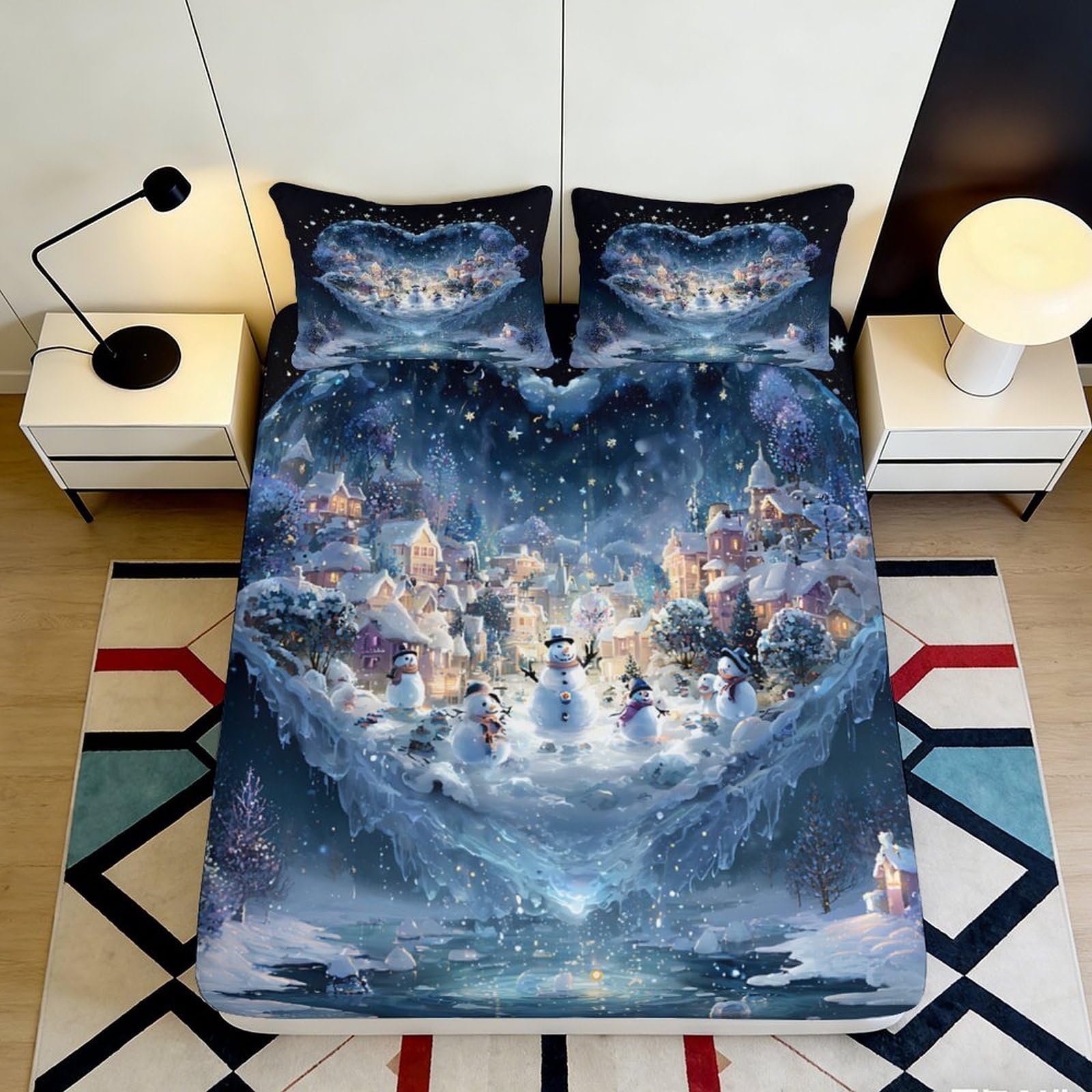 3D Printed Winter Village Fitted Sheet Microfiber Soft Snowman Bed Cover for Bedroom Guest Room Decor Protection 90x200x25cm