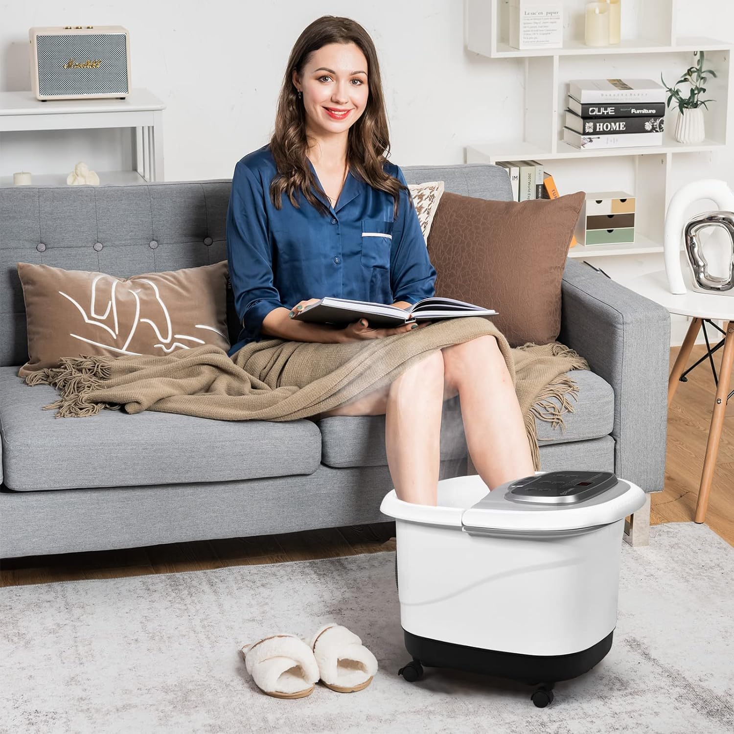 RELAX4LIFE Bañera de Pies Hidromasaje con Ruedas Universales y Bloqueables y Placa de Masaje Extraíble, Baño de Masaje Eléctrico con Temporizador 10-60 min y Temperatura Ajustable 35-48° (Gris)
