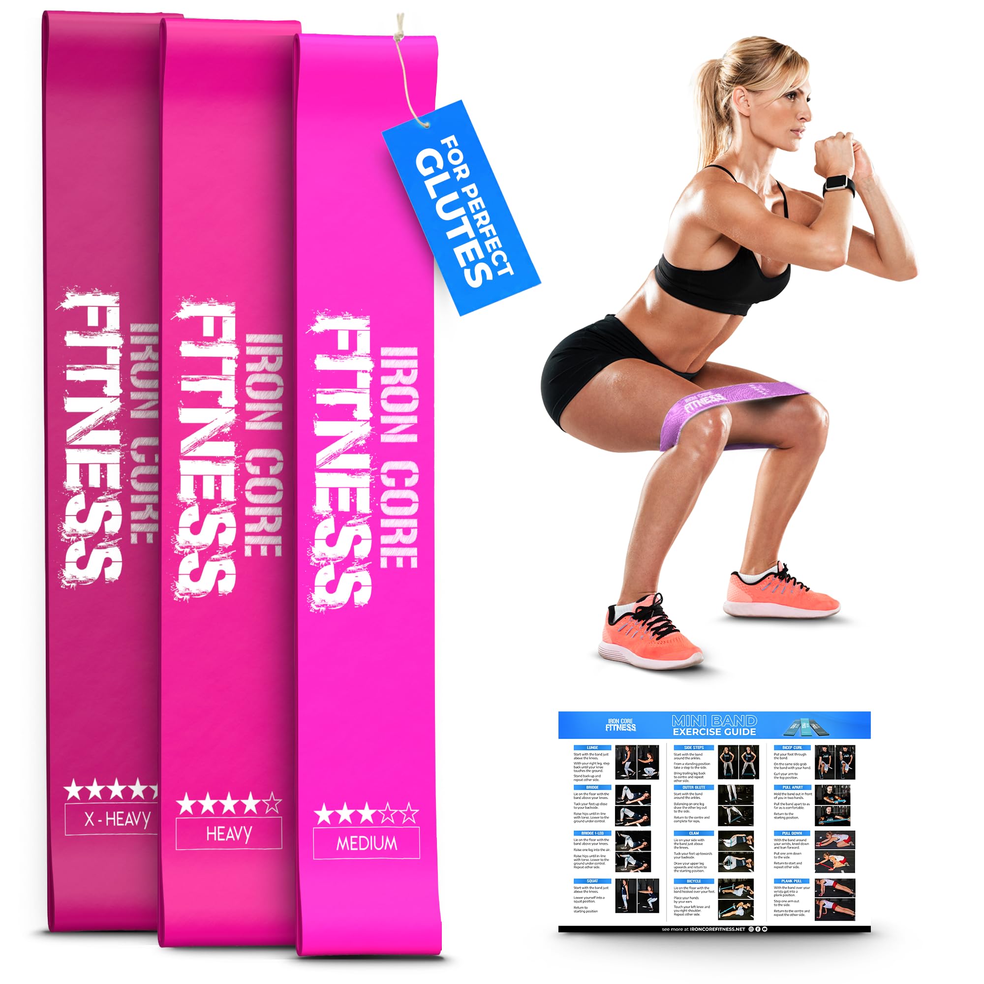 Mini Loop Resistance Bands Set of 3 Workout Bands for Men and Women in Unique Colours- Ebook and Chart Included by Iron Core Fitness (Pink Blush Pallette)