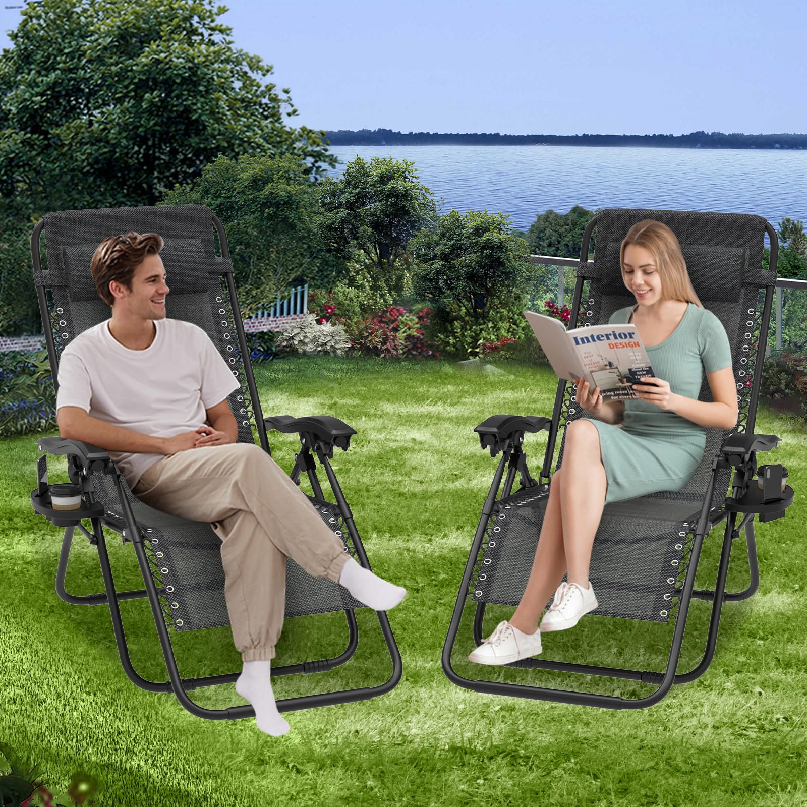 Chaise Longue Pliante，Bain de Soleil，Fauteuil Relax Jardin avec Repose-Tête et Porte-Gobelet,Inclinables，Transat de Plage，Chaise de Camping，Transat de Relaxation pour Patio Jardin Plage，Noir