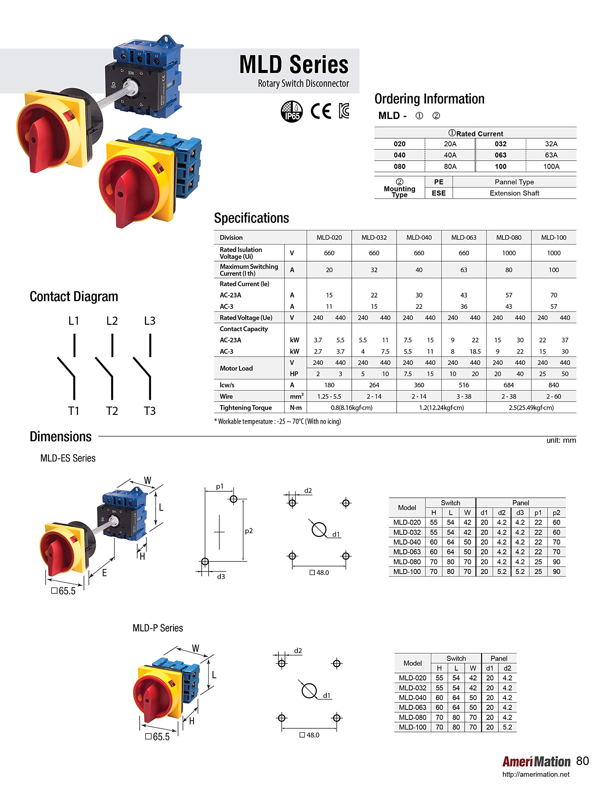 MLD-100PE, Main Load Disconnector, Panel Mount, Emergency Stop, 100A