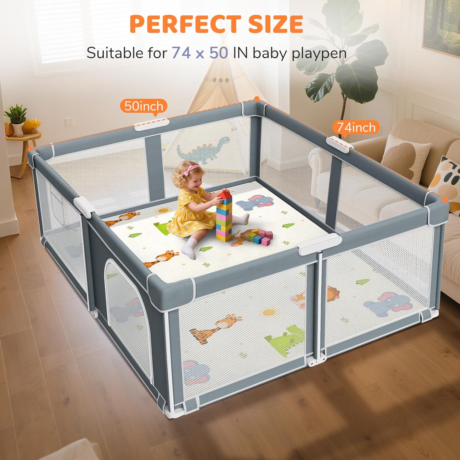 Thick Baby Play Mat for Floor - 74x50 Inch Ultra Soft Playpen Mattress with Animal Print & Removable Coral Fleece Cover - Non Slip Padded Crawling Rug for Toddlers, Infants, Babies - Beige