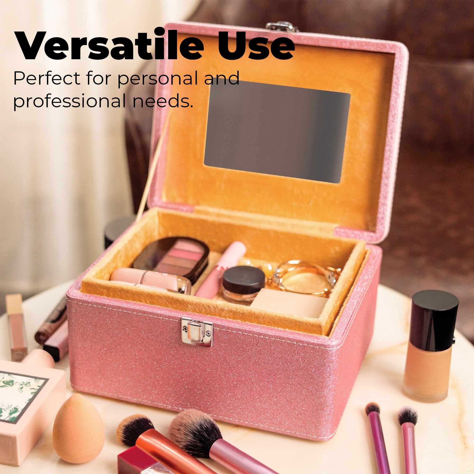 Makeup Box - Vanity Box for Women Bridal - Cosmetic Box Organiser, Durable, Stylish Finish for Home or Travel, Large Capacity Beauty Case for Brushes, Lipsticks & Skincare, Pink - Image 4 thumbnail