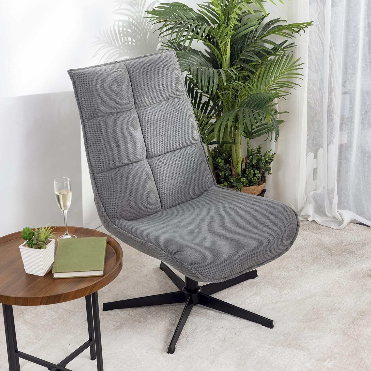 Sillón Giratorio Moderno con función reclinable, cojín de Asiento de Tela, Base de Metal, Gris