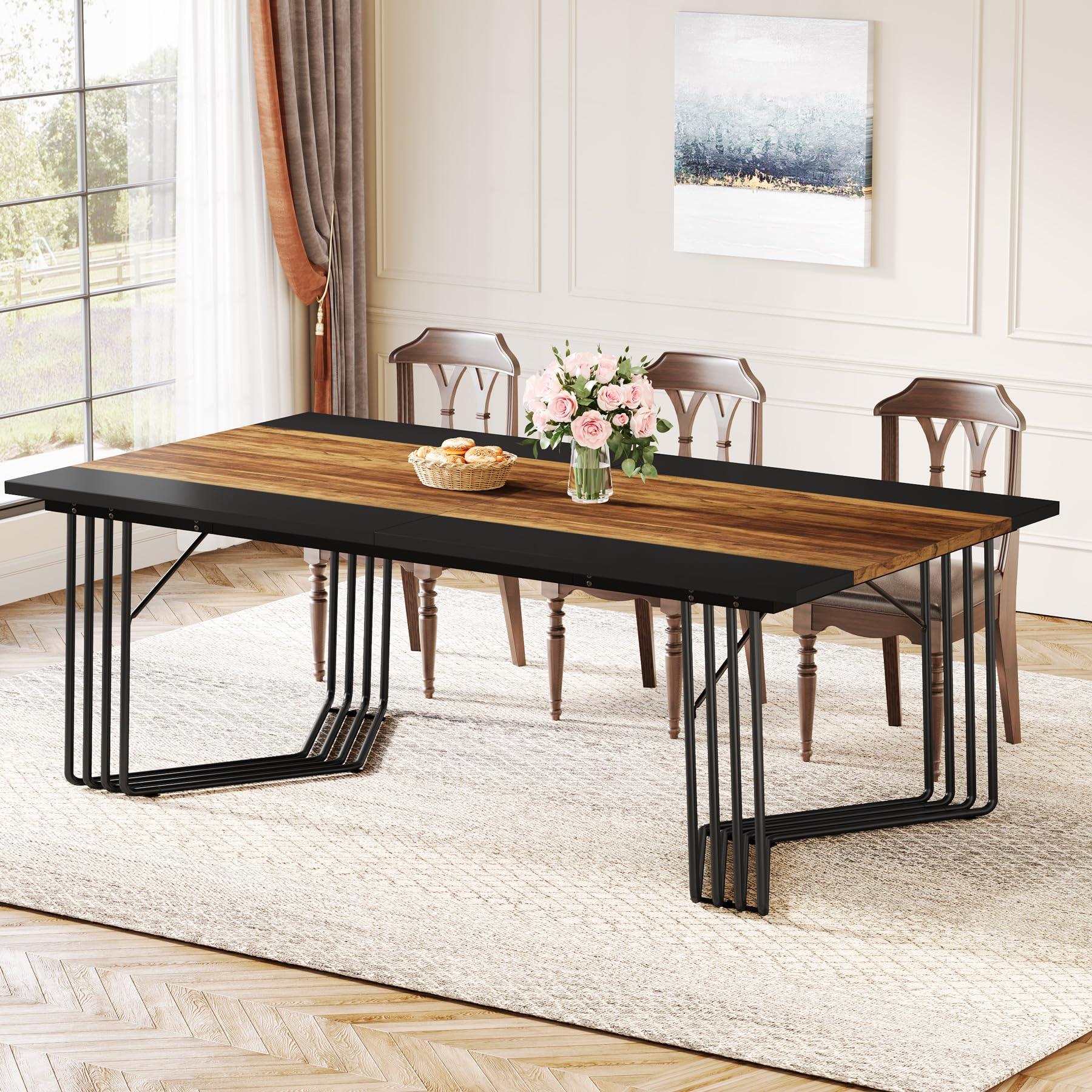 Tribesigns Mesa de comedor rectangular para 8-10 personas, mesa de cocina industrial grande de 200 cm, mesa de comedor para sala de estar, cocina, estructura de metal, marrón rústico