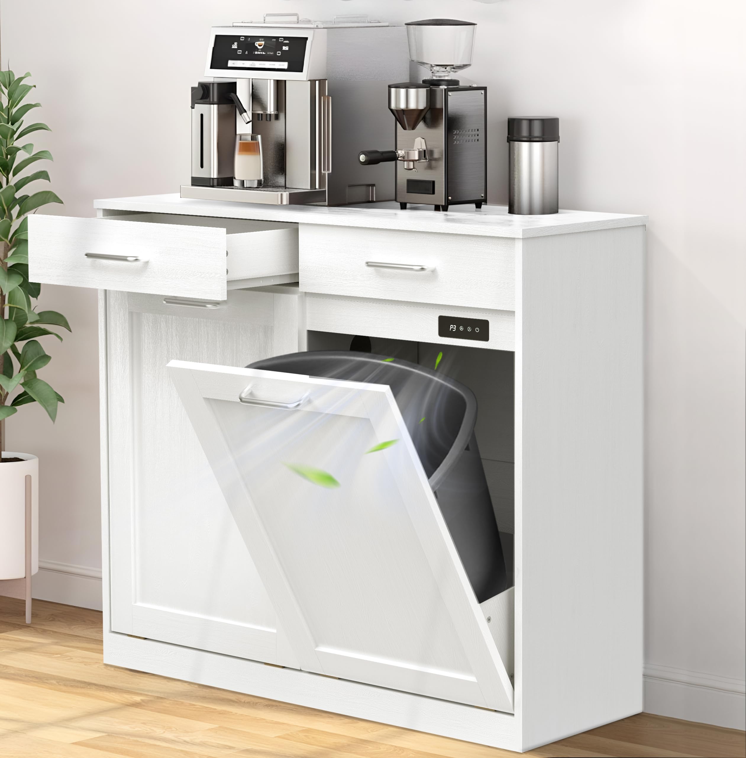 Xmifer Tilt Out Trash Can Cabinet, Deodorizing Hidden Wooden Trash Bin Cabinet with Drawers, Easy Assemble Double Garbage Can Cabinet for Kitchen, Sturdy 2 * 10 Gallon Laundry Hamper Cabinet, White