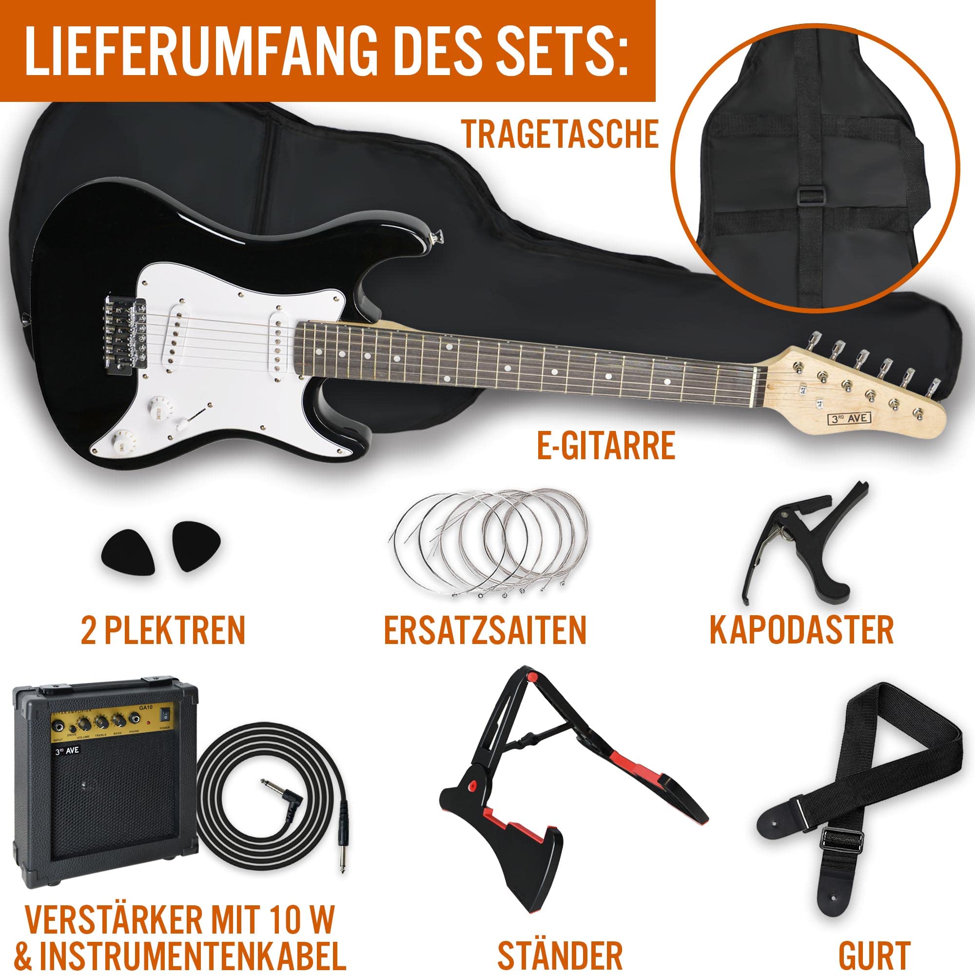 3rd Avenue XF 3/4 Size E-Gitarre Ultimate Kit Mit 10-W-Verstärker, Digitalem Stimmgerät, Kabel, Ständer, Gigbag, Gurt, Ersatzsaiten, Plektren, Kapodaster - Schwarz