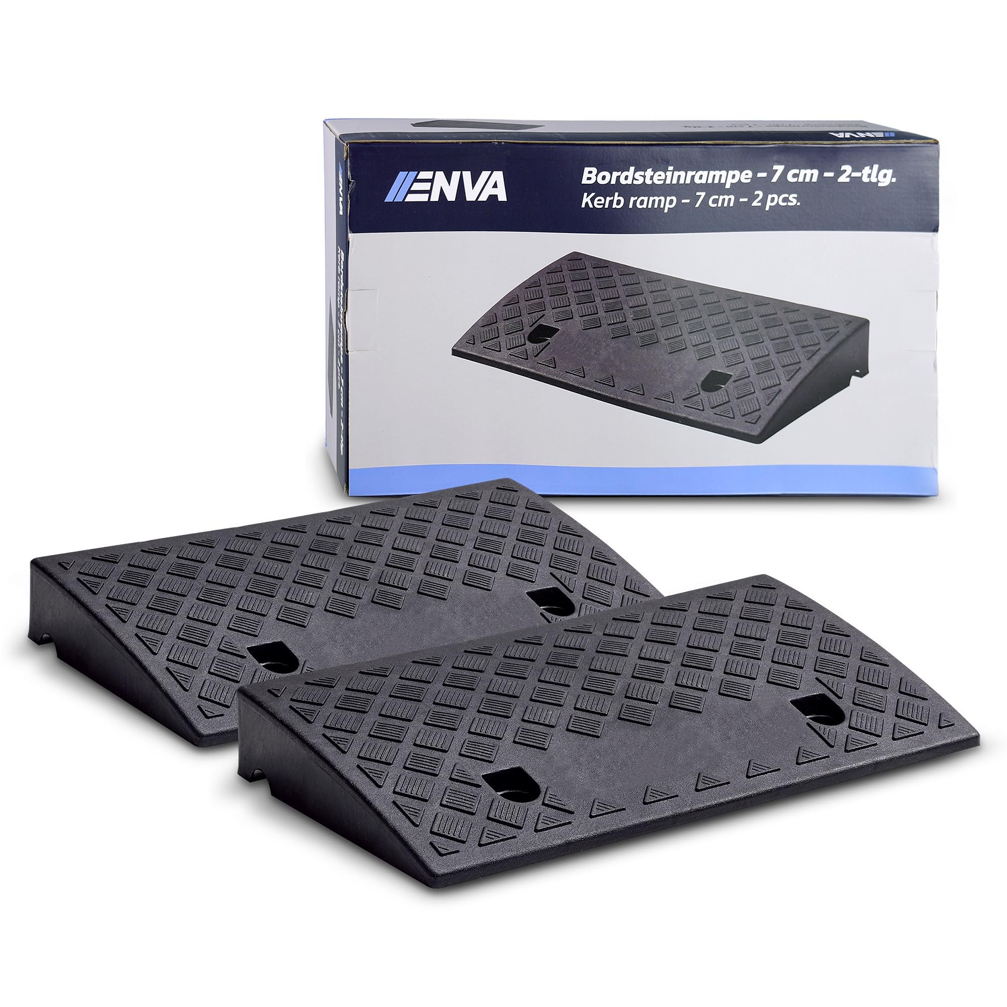ENVA Bordsteinrampe 2TLG. Auffahrrampe 7 cm Höhe 3000 kg Rampe für Auto, Motorrad, Rollstuhl und Kinderwagen rutschfeste Bordsteinkantenrampe witterungsbeständige Kunststofframpe 50 x 27 cm