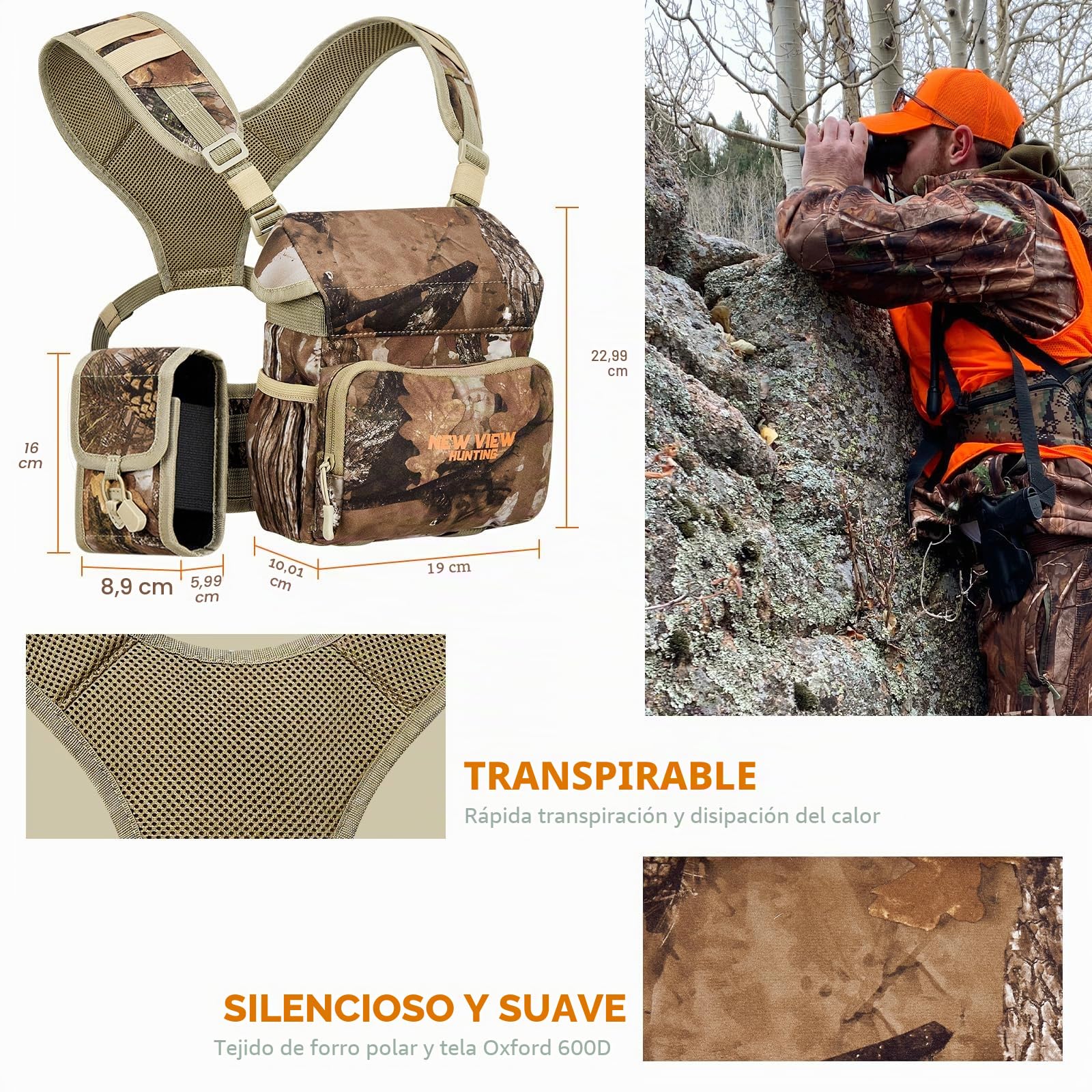 NewView Arnés Binocular para Pecho con Bolsa de telémetro Desmontable, Correa bino Ajustable y Protector de Lluvia, Ideal para Caza, Senderismo y observación de Aves, M, Camuflaje, Camuflaje