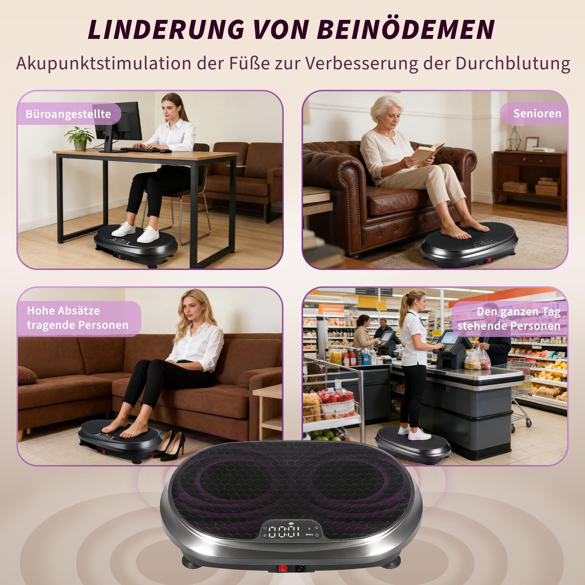 Vibrationsplatte - Vibration Plate Rüttelplatte Sport für Zuhause | Hohe Stabilität Rutschfeste Fußpads Leiser Betrieb Fernbedienung Widerstandsbänder 9 automatische Programme LED-Anzeige