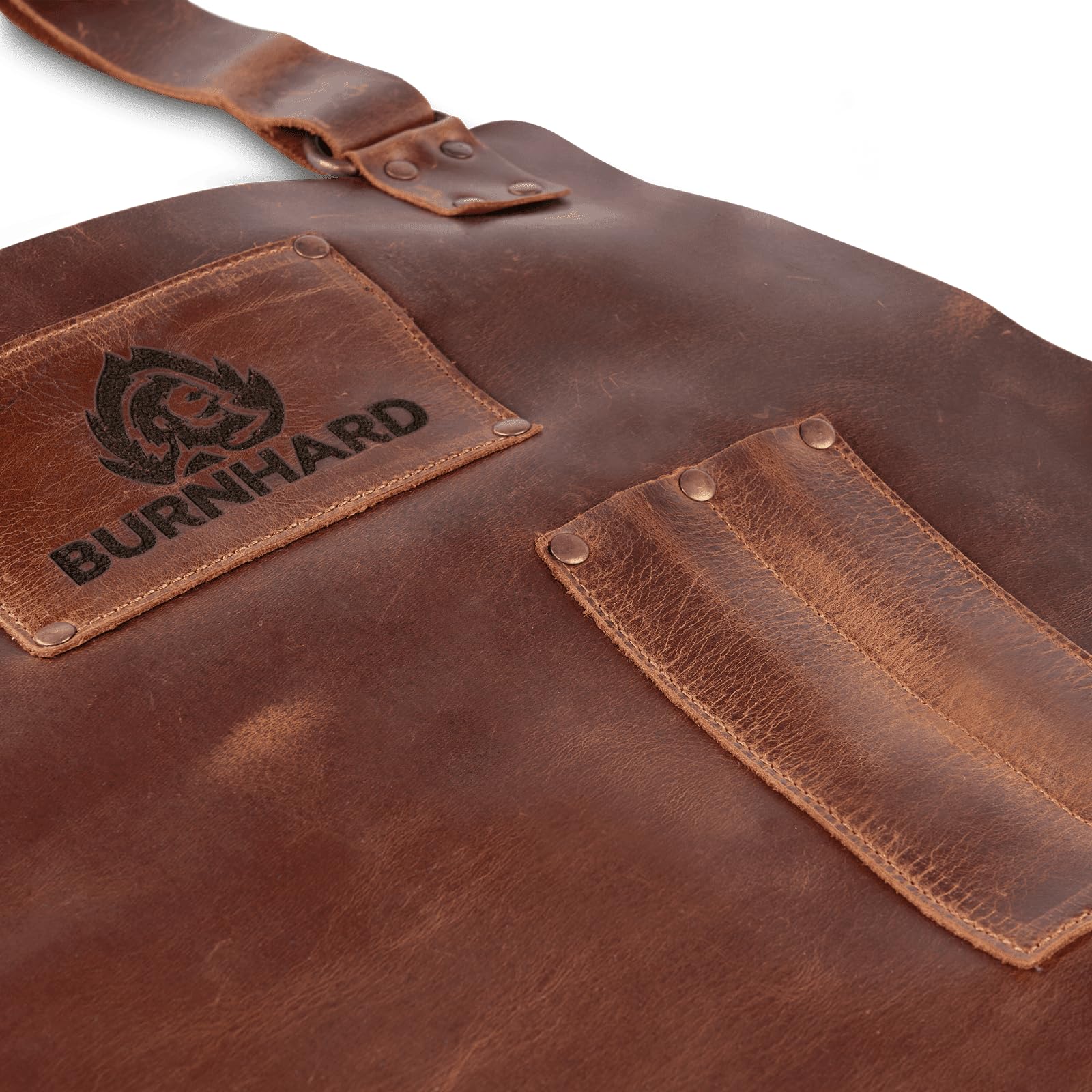 BURNHARD Delantal de cuero 100% piel de búfalo, hecho a mano, 2 bolsillos, correas laterales, acolchado de cuello, correa ajustable – Delantal Pro BBQ