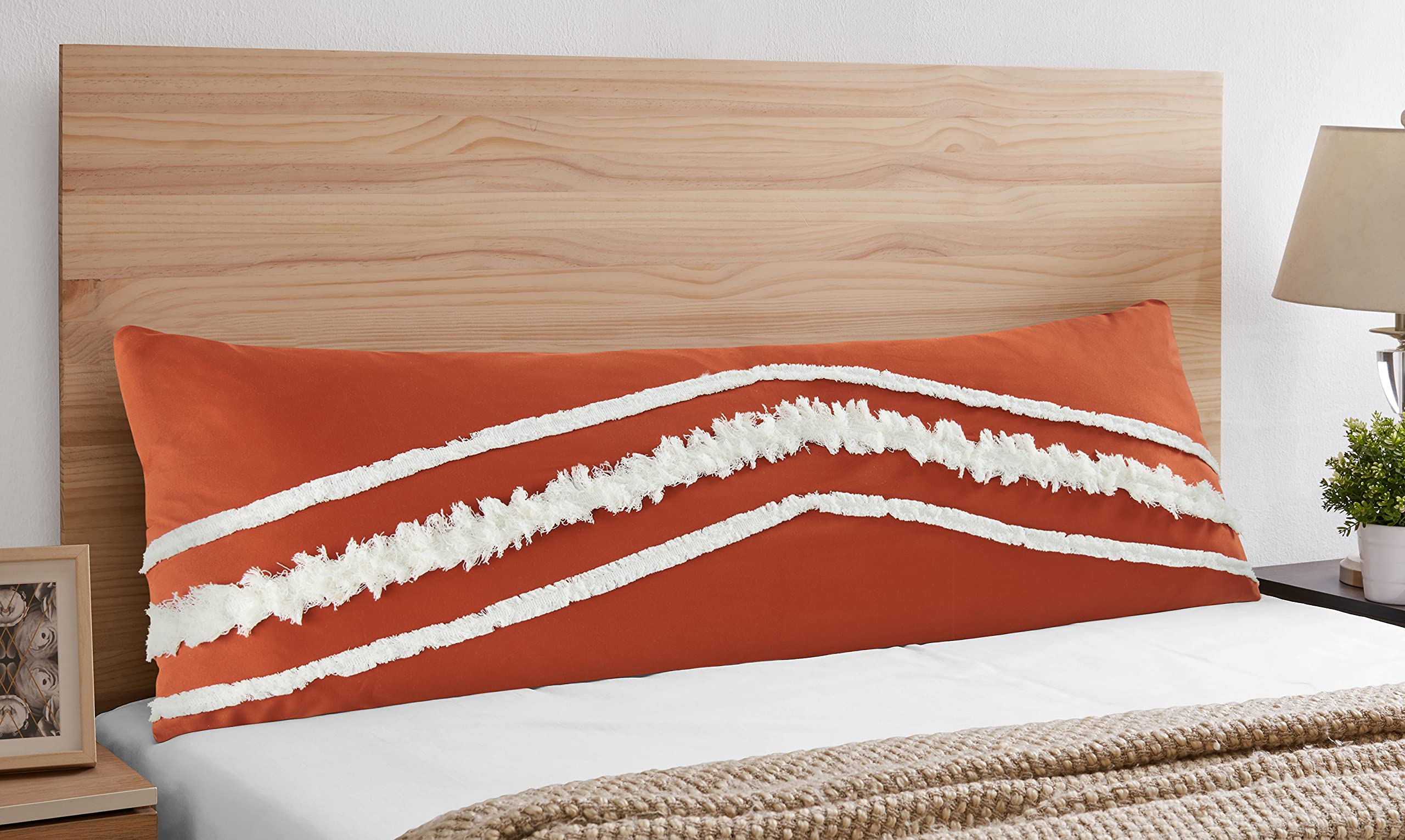 Sweet JoJo Designs Bohemian Boho Chic Orange Rust and Ivory Macrame Tufted Tassel Accent Decorative Couch Long Throw Zipper Body Pillow Cover Case 54x20 Textured Minimalist Fringe Farmhouse Geometric