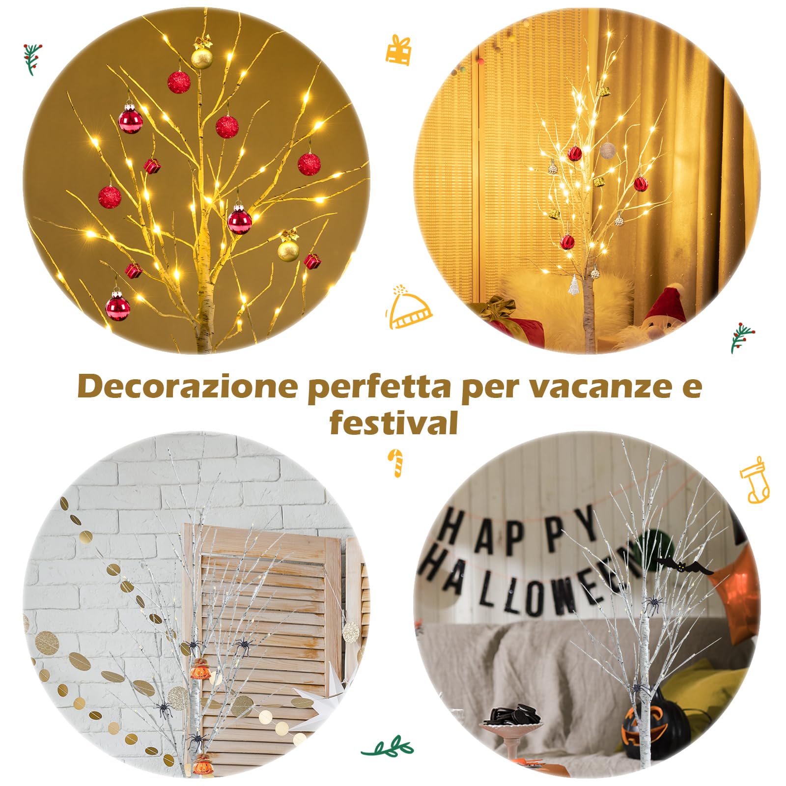 COSTWAY Albero Artificiale Illuminato con Rami di Betulla, Albero di Natale Bianco con Luci LED Calde e Bianche, Decorazione per Interno per Natale Pasqua Matrimonio (150cm)