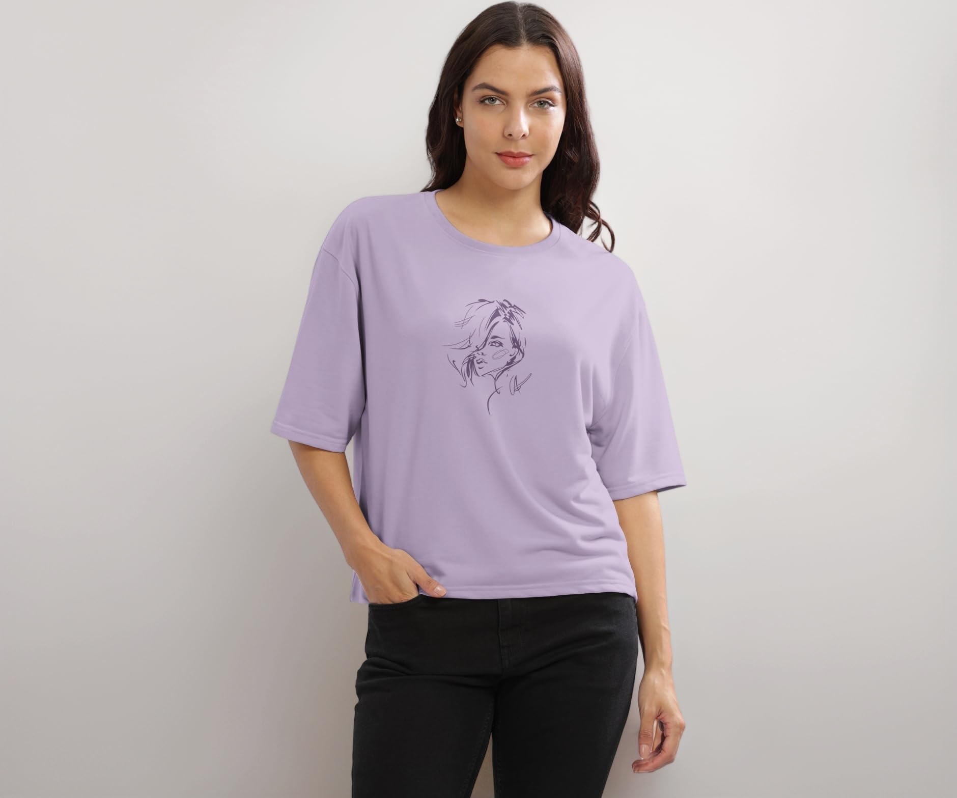 HELLCAT Beige Printed Loose Fit Crew-Neck Crop T-Shirt for Women