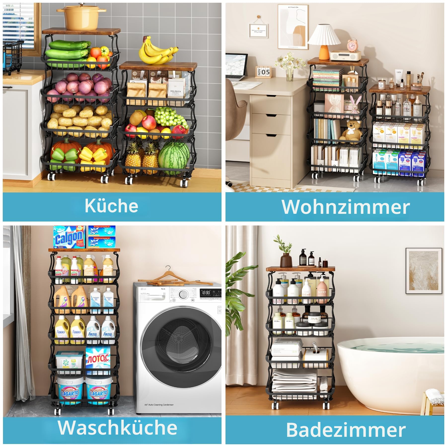 5 Stöckiger Obst und Gemüsekorb mit Rollen Gemüseregal Stapelbarer Metall-Aufbewahrungswagen für Küche Vorrat Bad Wohnzimmer Kitchen Organizer Trolley Korbregal vorratsregal speisekammer