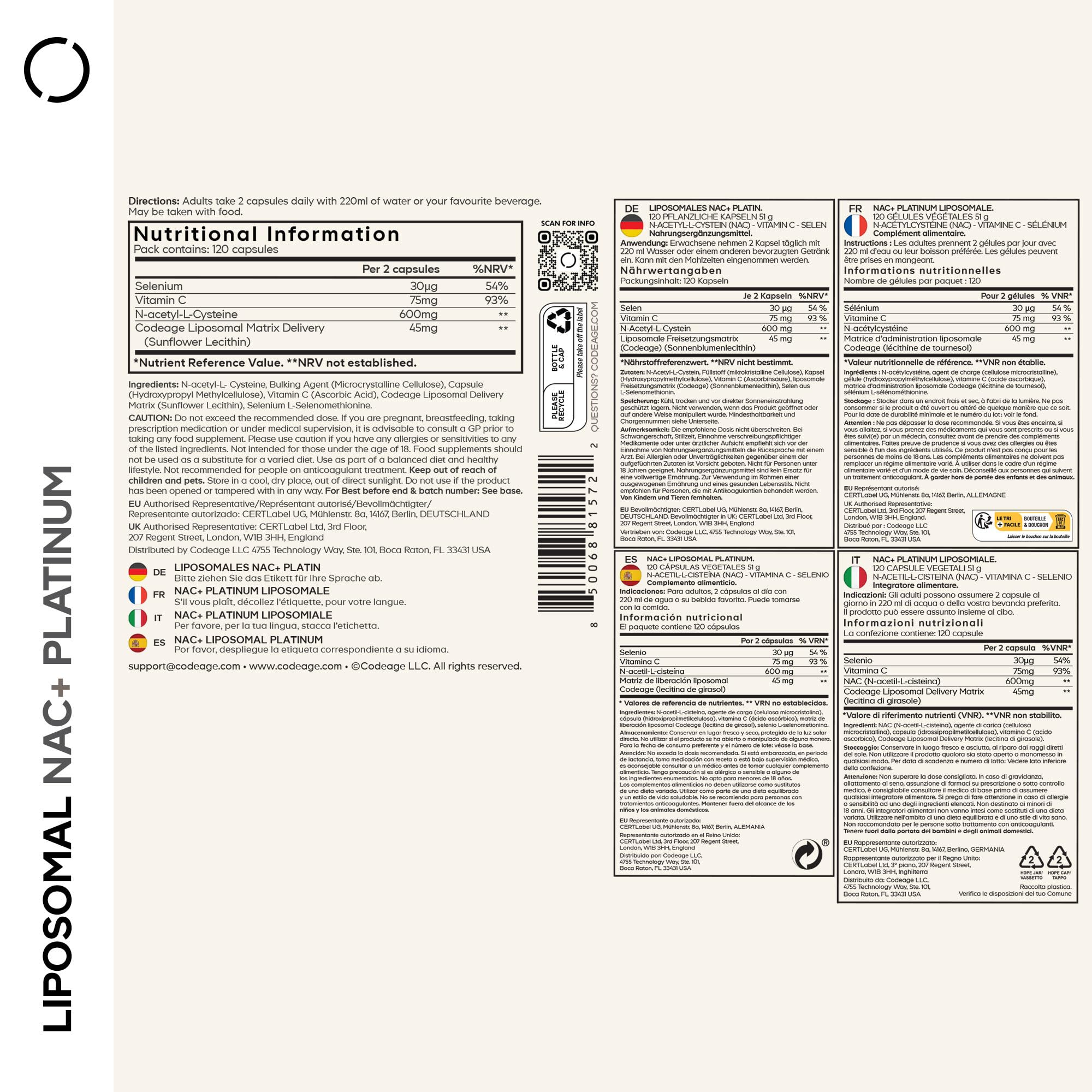 Codeage Liposomales Nac+ Platinum — N-Acetyl-L-Cystein Mit Vitamin C, Selen Und Liposomaler Verabreichungsmatrix — Veganes Nahrungsergänzungsmittel — Gentechnikfrei, Glutenfrei — 120 Kapseln