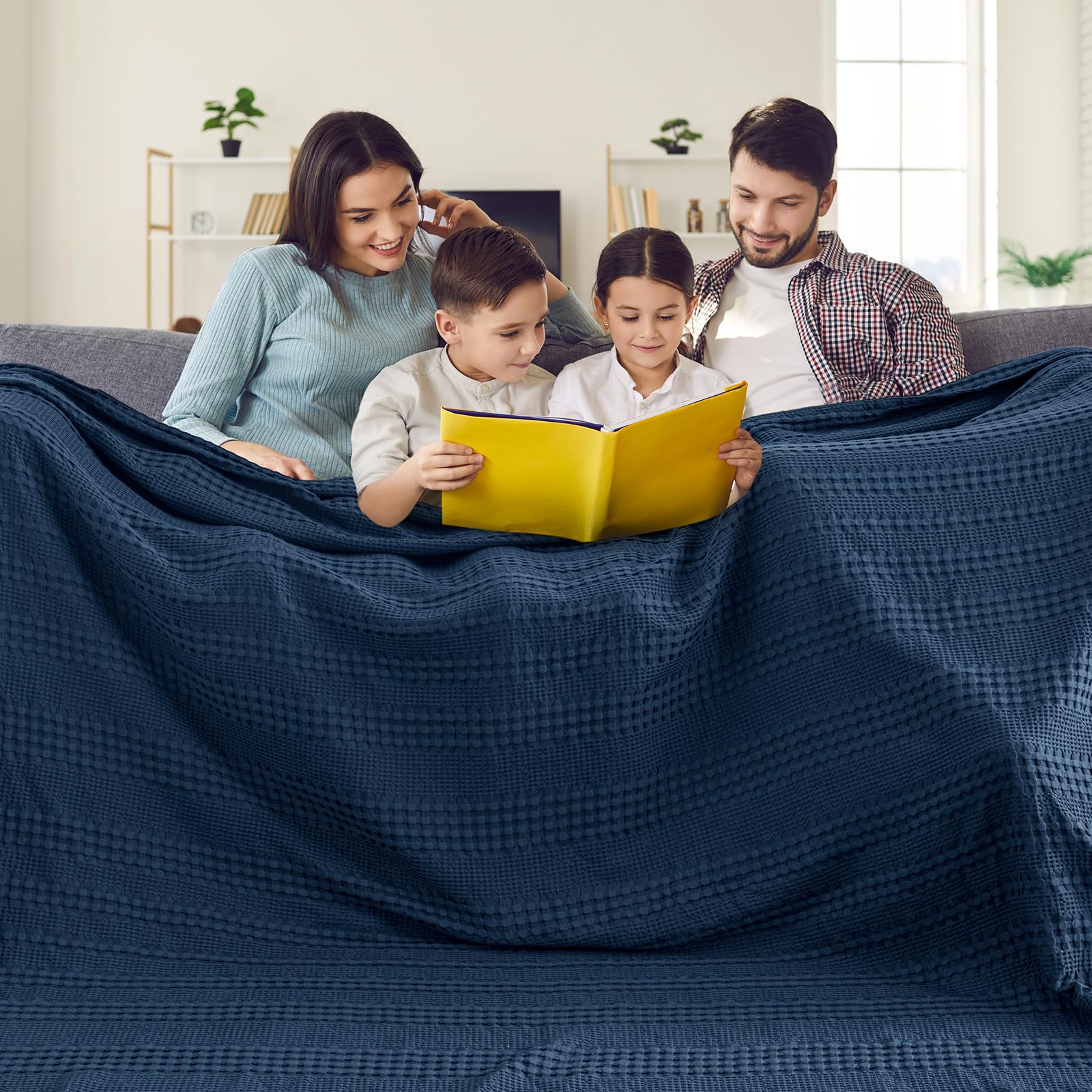 phf cooling waffle blanket california king size, lightweight 60% rayon from bamboo & 40% cotton breathable blanket for hot sleepers, spring summer, soft luxury for bed couch sofa, 110"x96", navy blue