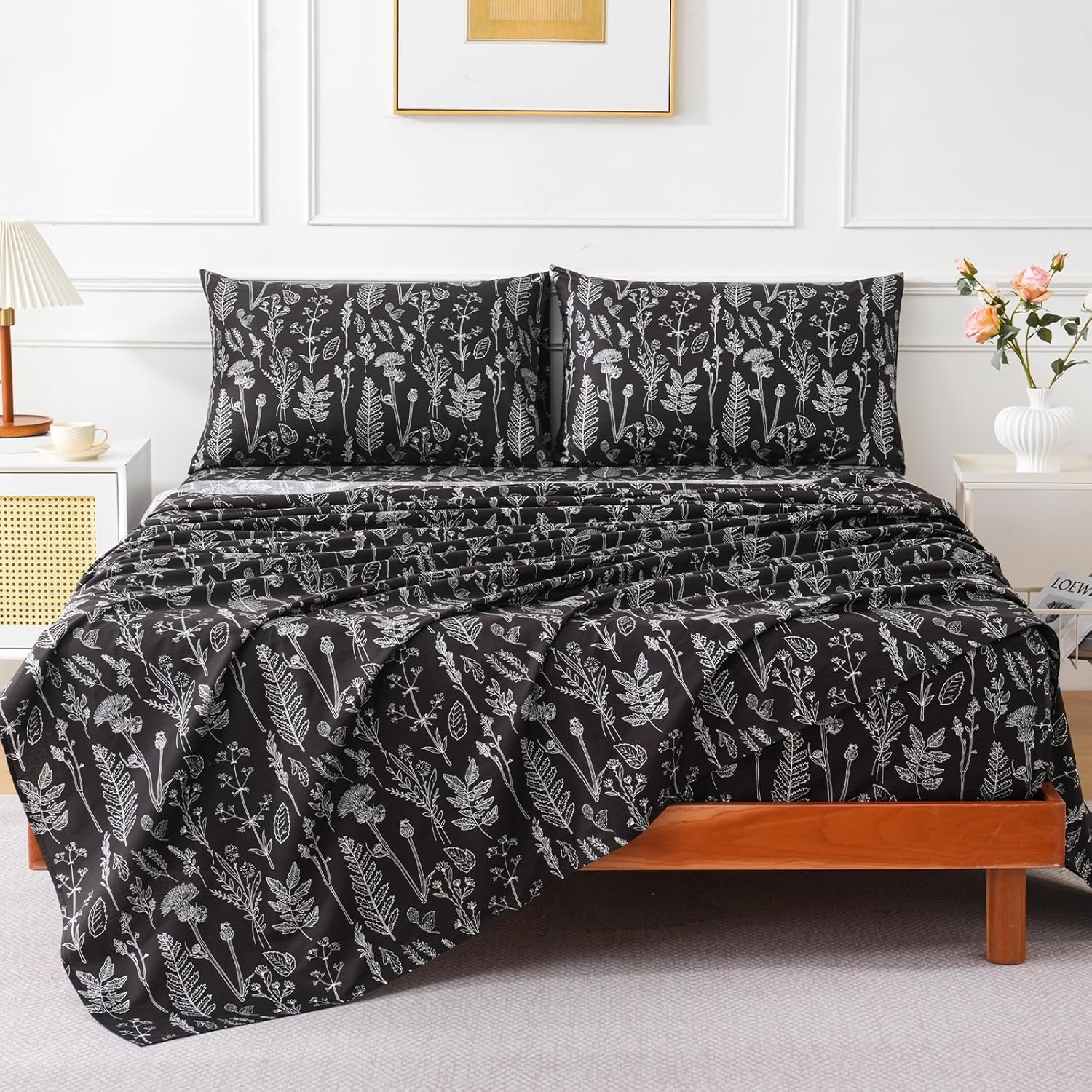 100% Natural Cotton Percale Sheets Set,Queen Size 4 PC, Breathable&Durable Hotel Quality Bedding, 16" Deep Pocket Botanical Floral Bedsheets,Black