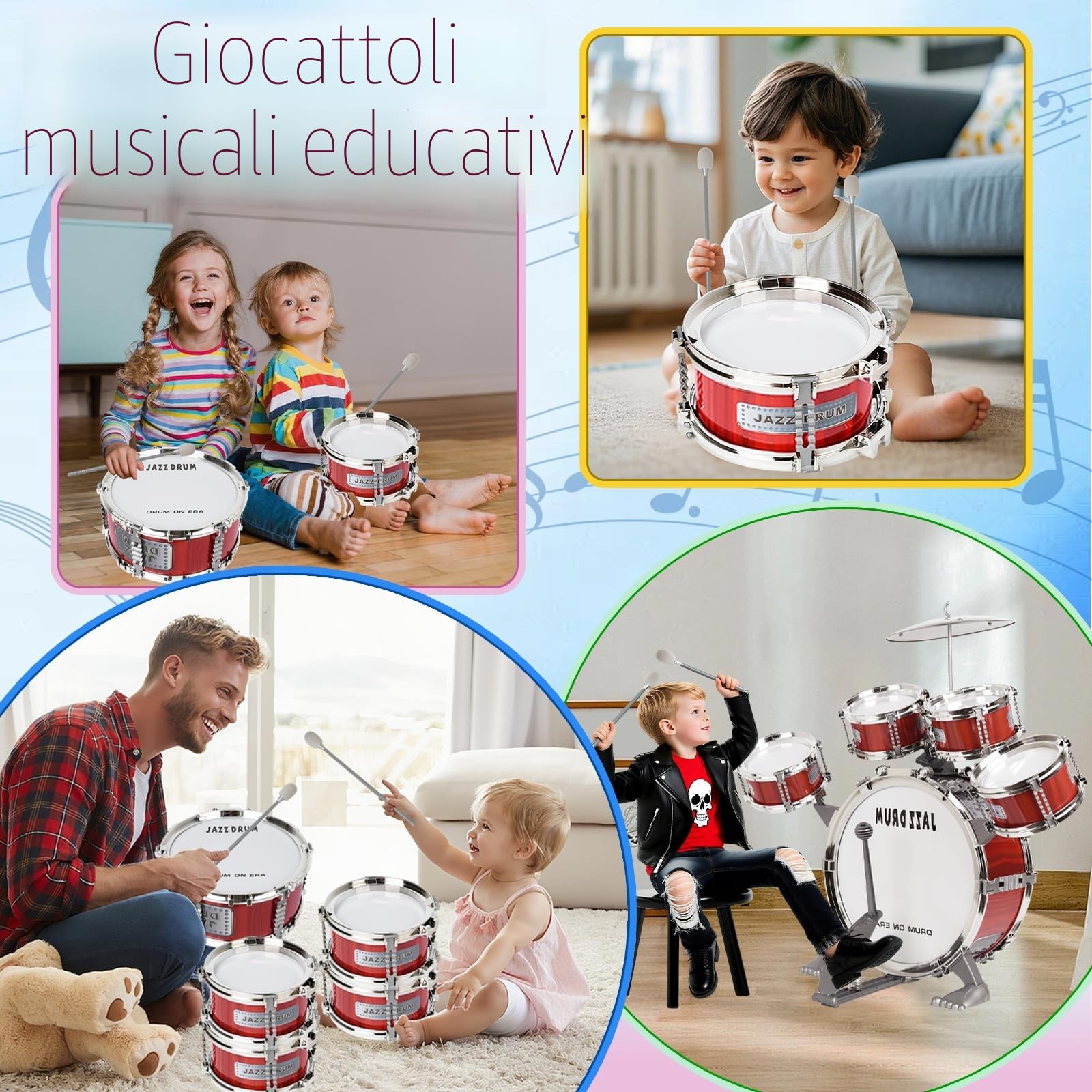 m zimoon Kit Batteria Jazz Per Bambini, 5 Tamburi Con Sgabello Pedale E Bacchette Per Principianti Strumento Musicale Percussione Giocattolo Vacanze Compleanno Regalo Educativo Per Ragazzi E Ragazze