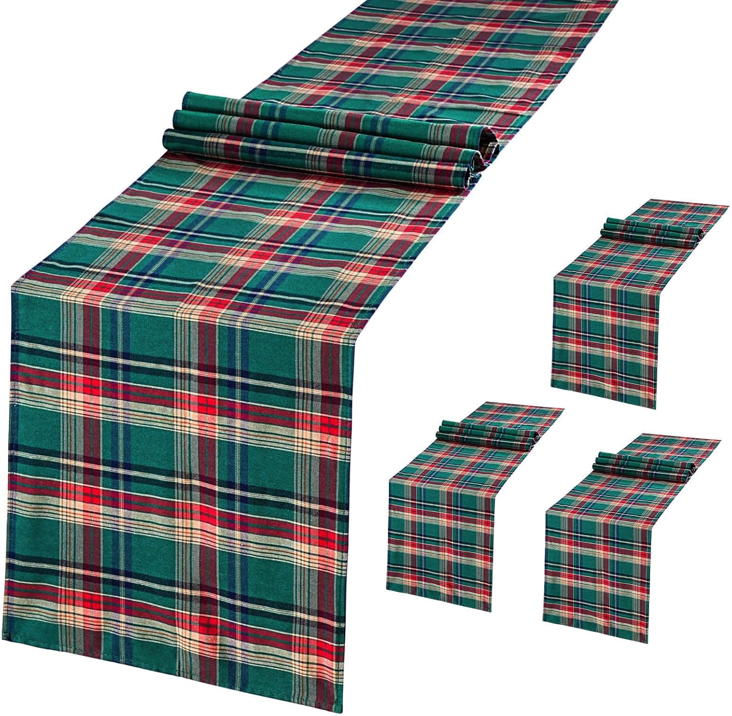 Plaid Green Table Runner for Christmas: 4 Packs 13x84 Inches Xmas Buffalo Plaid TableLinens Kitchen Dining Winter Party Decorations