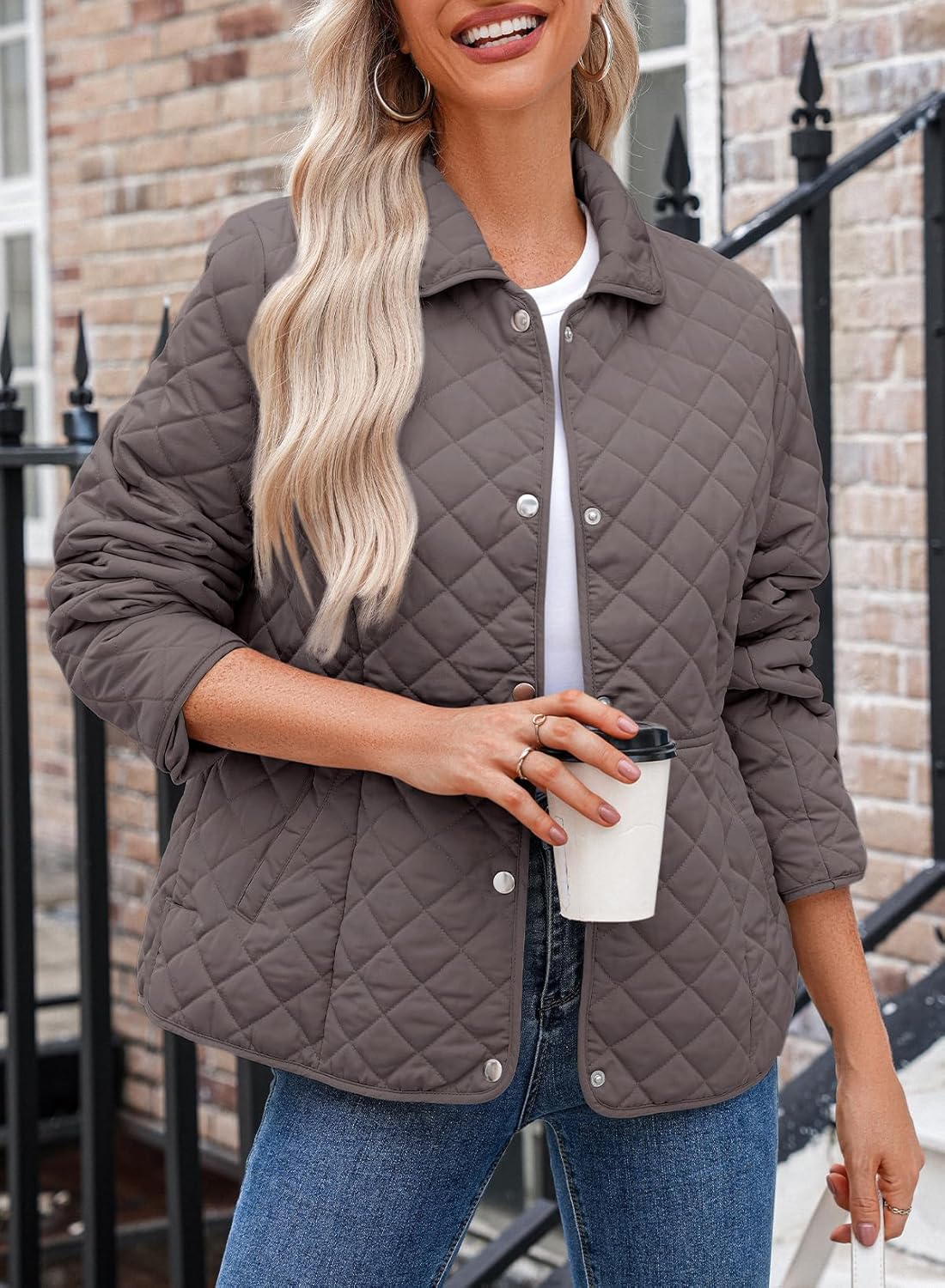 Dokotoo Women's Winter Quilted Jackets Long Sleeve Button Down Diamond Puffer Jacket Outerwear Coats with Pockets - Image 4