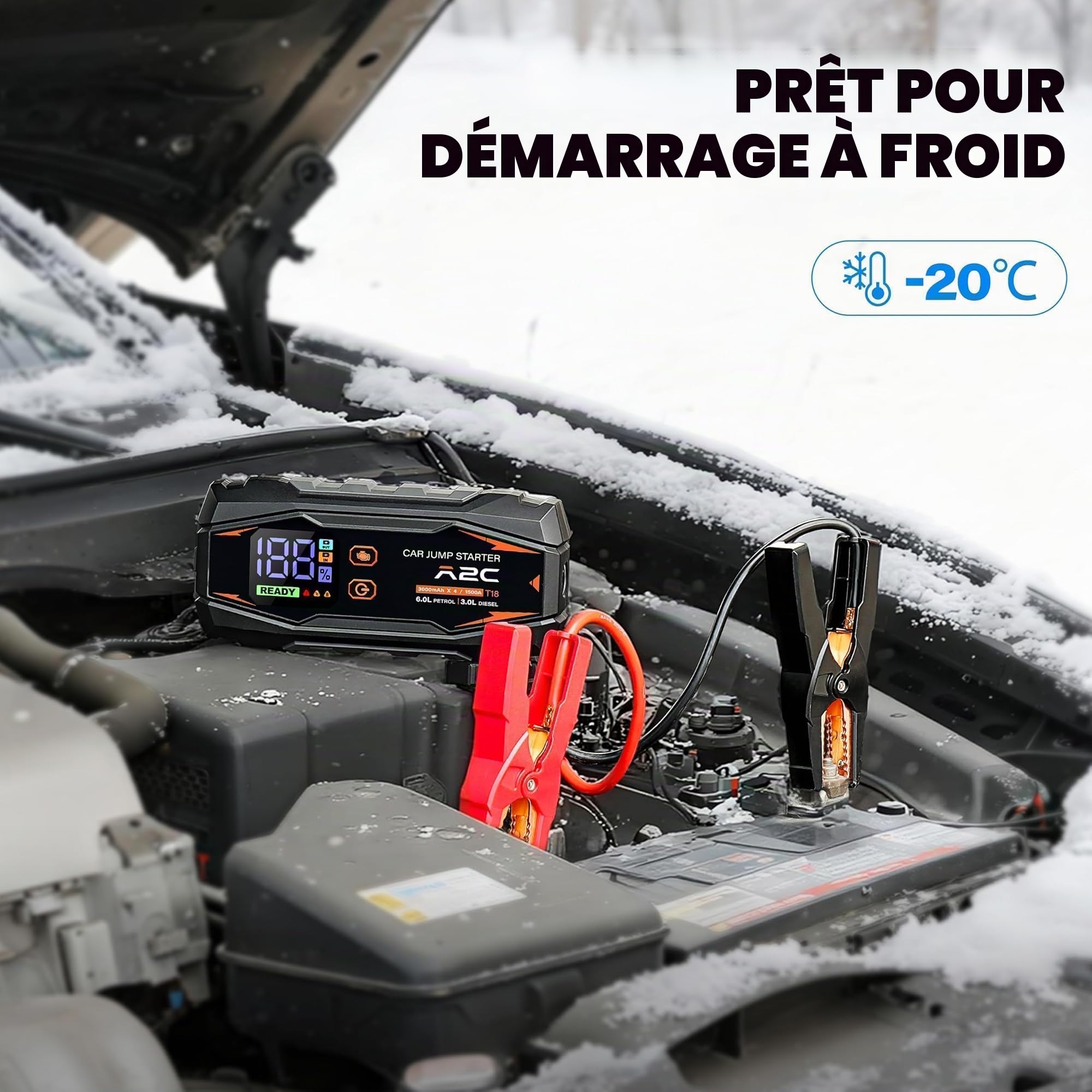 A2C Booster Batterie 1500A, Power Bank 16800mAh pour Essence 6L/Diesel 3L