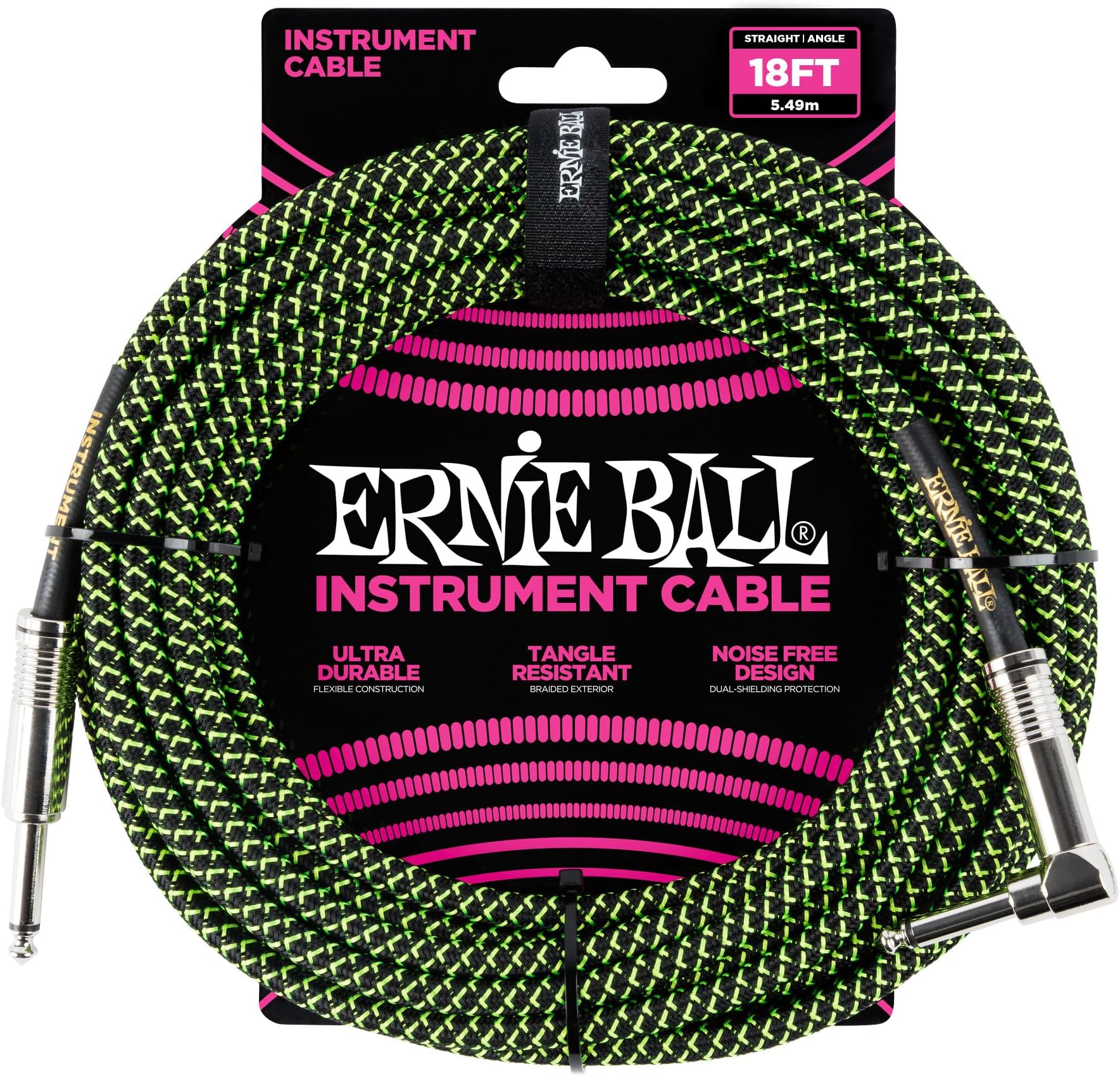Ernie Ball 18 ft Braided Straight Angle Inst Cable Black Green