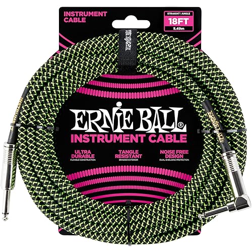 Ernie Ball Braided Instrument Cable, Straight/Angle, 18ft, Neon Green/Black (P06082)