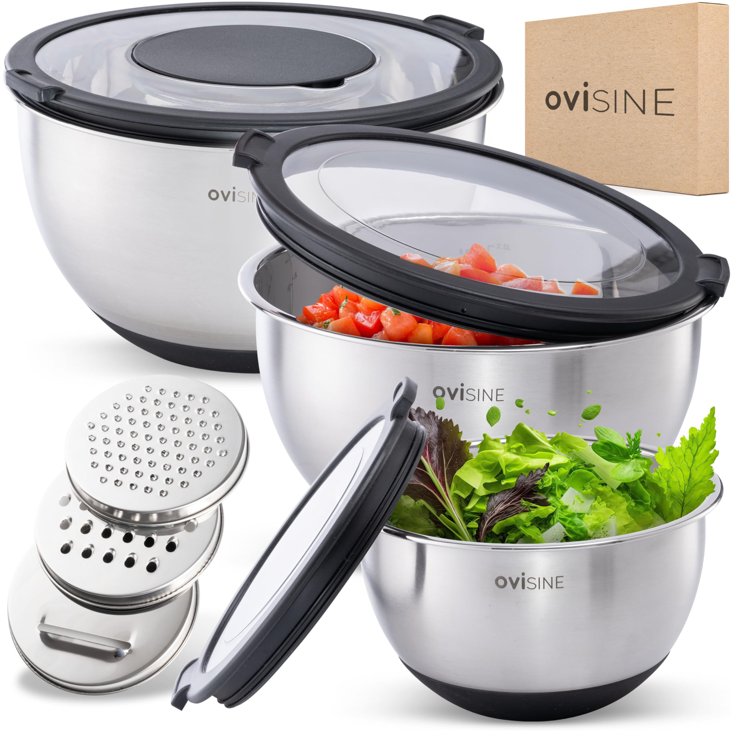Roumare - Juego de cuencos de acero inoxidable (3 piezas, 24, 20, 16 cm, cuenco para mezclar, acero inoxidable, ensaladera grande, base antideslizante, 1,0 l, 2,5 l, 4,5 L, incluye accesorios)