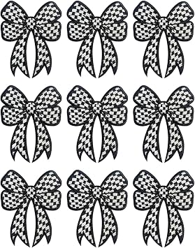 9 Pack Checkered Bow Patches Coquette Iron-On for Clothes, Embroidered Fabric Racing Patches for Jean, Backpack, Hat, Jacket, Girl Decorative Applique Black