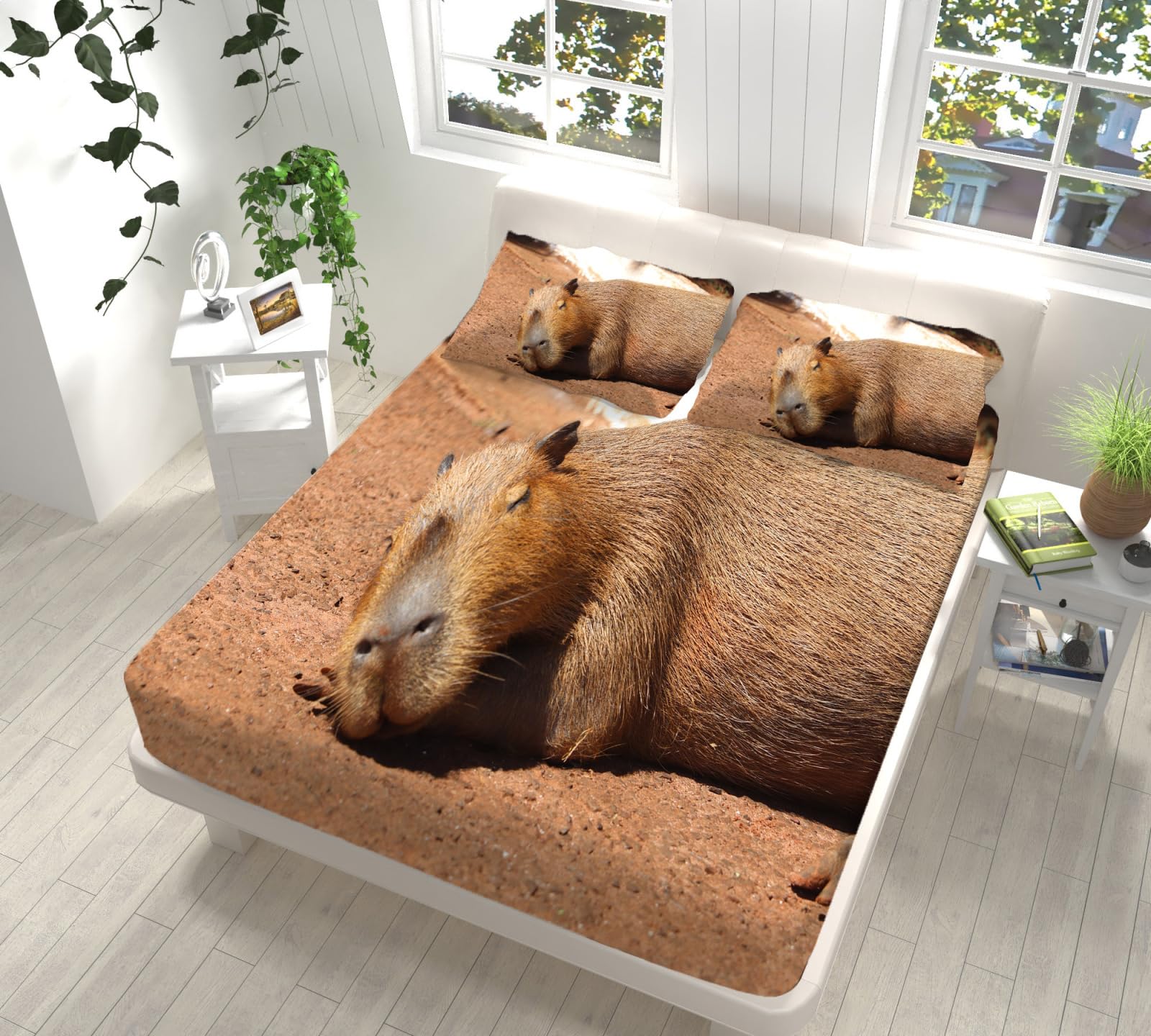 Amazon｜アースカラーのカピバラダブルベッド シーツ動物ベッドカバー