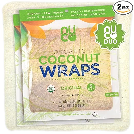 NUCO DUO Certified Organic, SHELF STABLE, All Natural, Paleo, Gluten Free, Vegan Non-GMO, Kosher Raw Veggie NUCO Coconut Wraps. NO Salt Added Low Carb and Yeast Free 10 Count