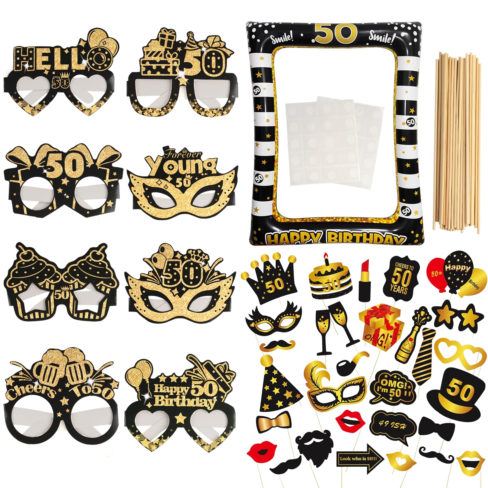 PAPAcroscoma 38PCS 50th Birthday Photo Booth Props, Black Gold Inflatable Photo Booth Frame, 8PCS Novelty Birthday Glasses, Funny Selfie Props for Men Women 50th Birthday Party Decorations Gifts