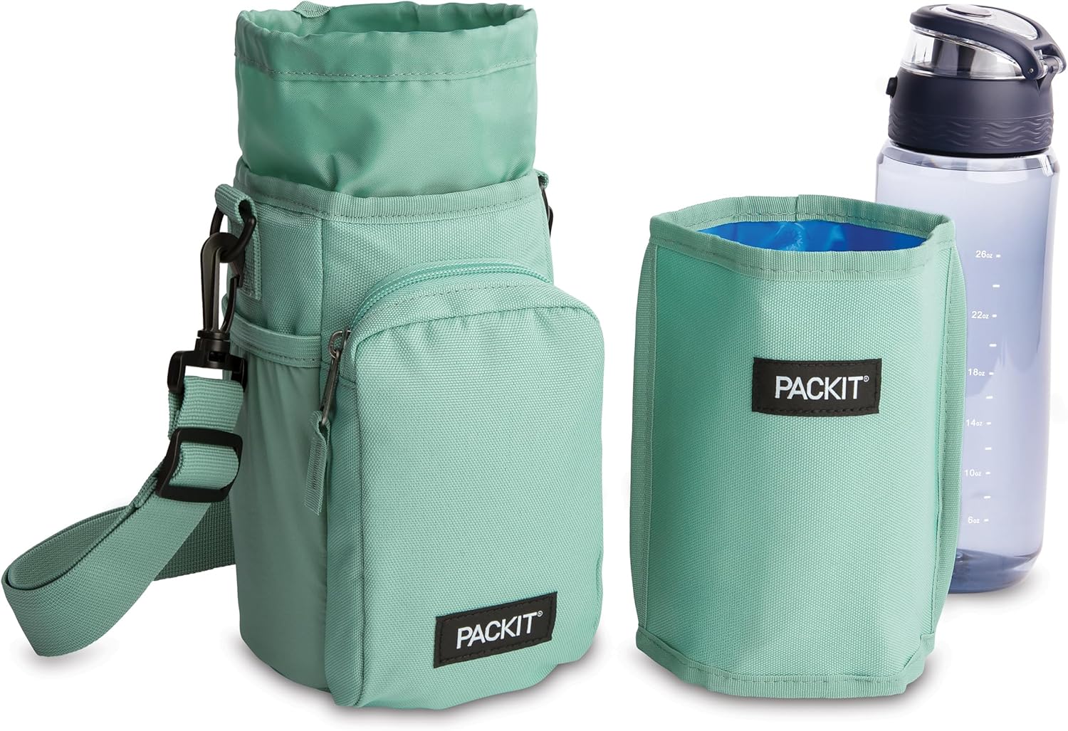 PackIt Freezable Hydration Crossbody Water Bottle Carrier with Strap, Fits 32,40 oz and 64 oz - Triple Function Design, Removable Freezable Insert, Adjustable Crossbody Strap, Front Zip Pocket - Sage