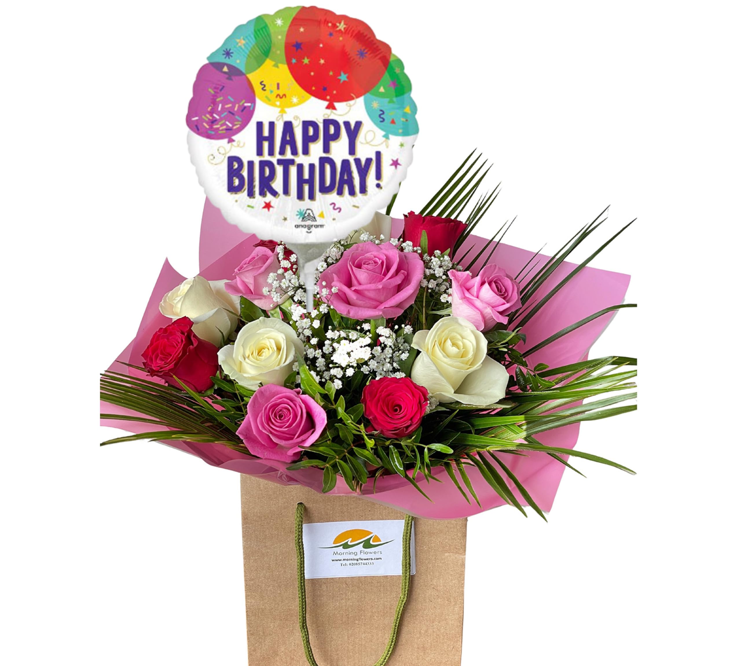 Heaven Bouquet Fresh Red - Pink - White Roses, Gypsophila, Seasonal Arrangement for Weddings, Birthdays, Anniversaries, Floral Celebration (Birtday Balloon)