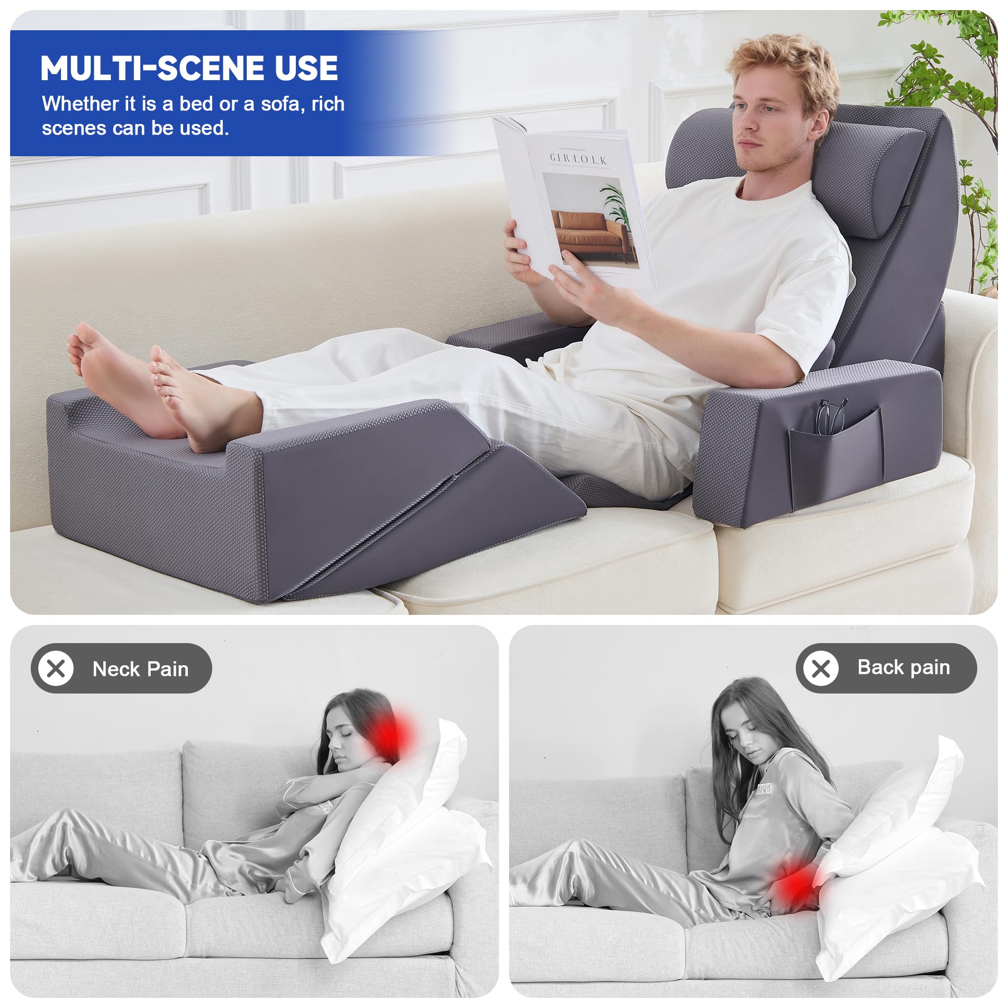 Set di 9 cuscini a cuneo ortopedici in schiuma per corpo, schiena e gambe, per alleviare il dolore a corpo, schiena e gambe, cuscino di supporto regolabile con reflusso acido, in memory foam, grigio