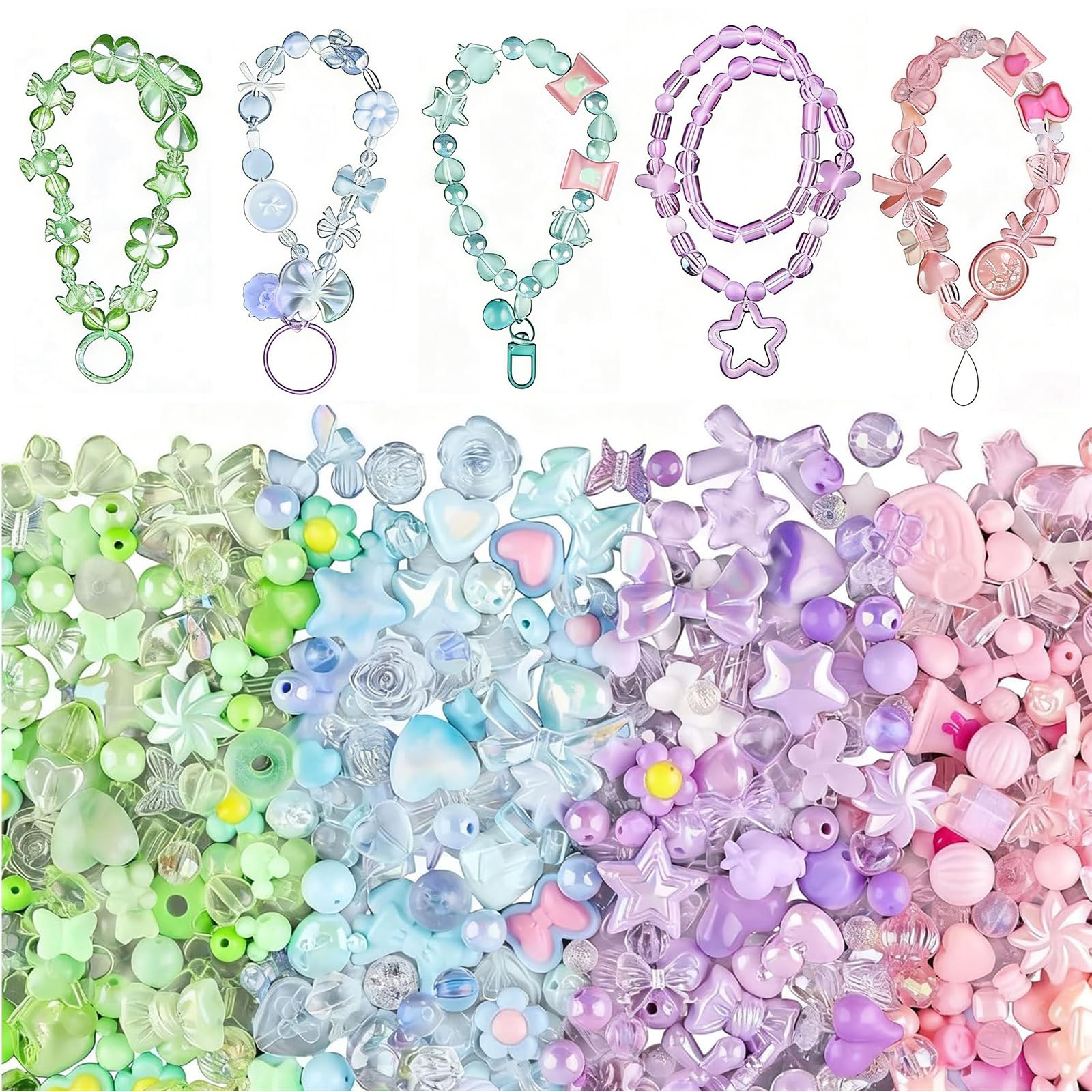 Assorted Acrylic Beads for Bracelet Making 180-240PCS, Cute Pastel Charm Beads for Jewellery Making, Bow Butterfly Heart Flower Beads for DIY Bracelet Necklace Phone Charm Keychain Crafts